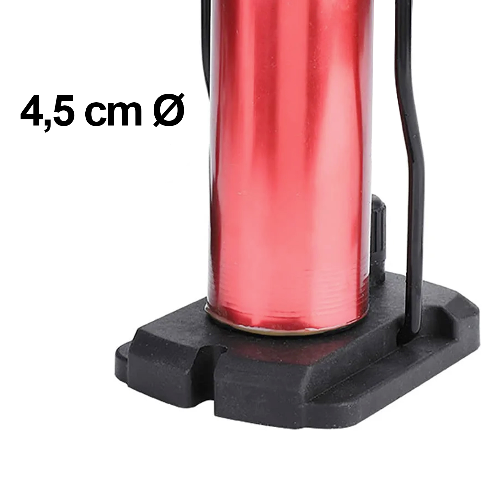 4,5 cm Ø: Roter Zylinder auf schwarzem Sockel mit schwarzen Stützen.