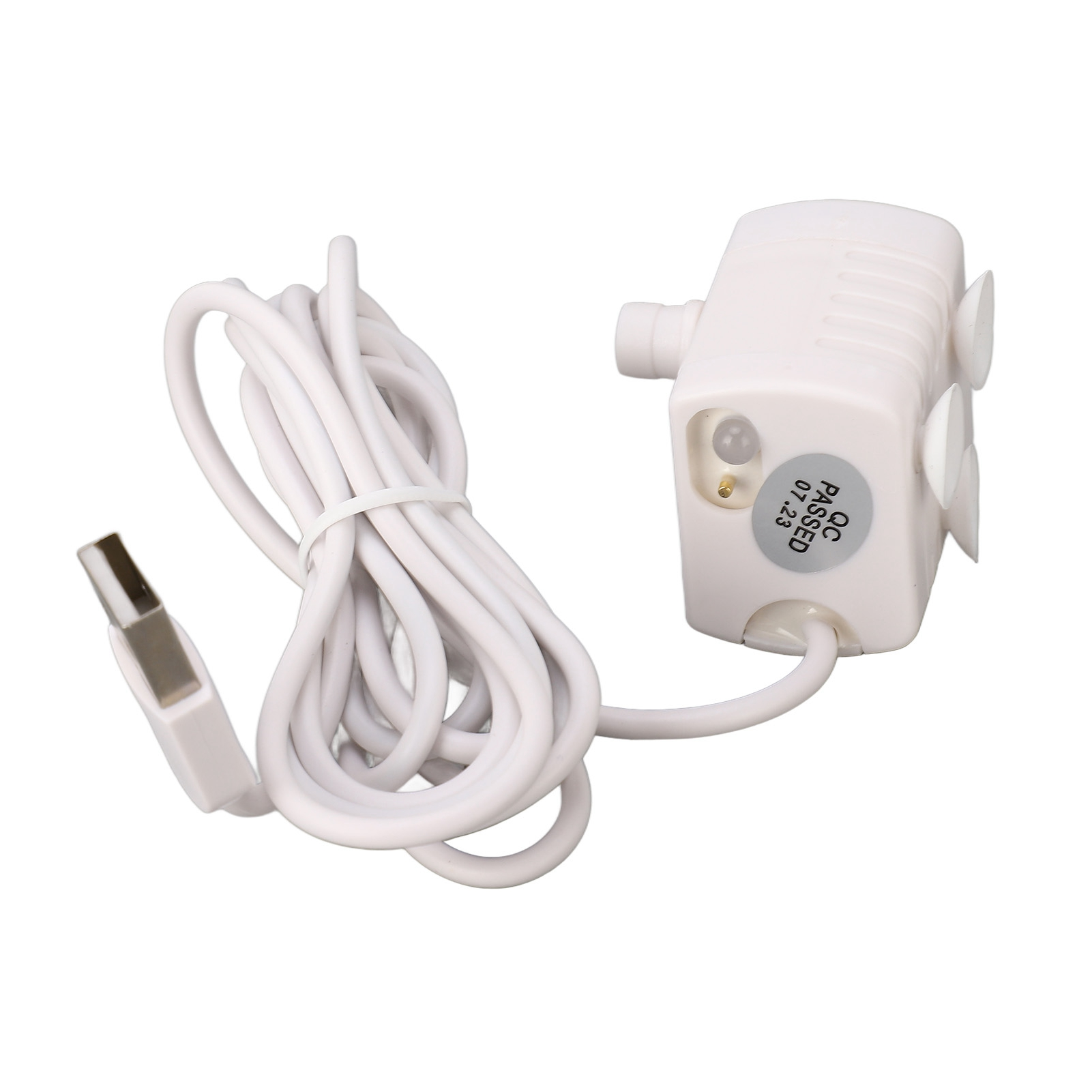 Kompakte weiße USB-Pumpe mit Kabel und Saugnäpfen.