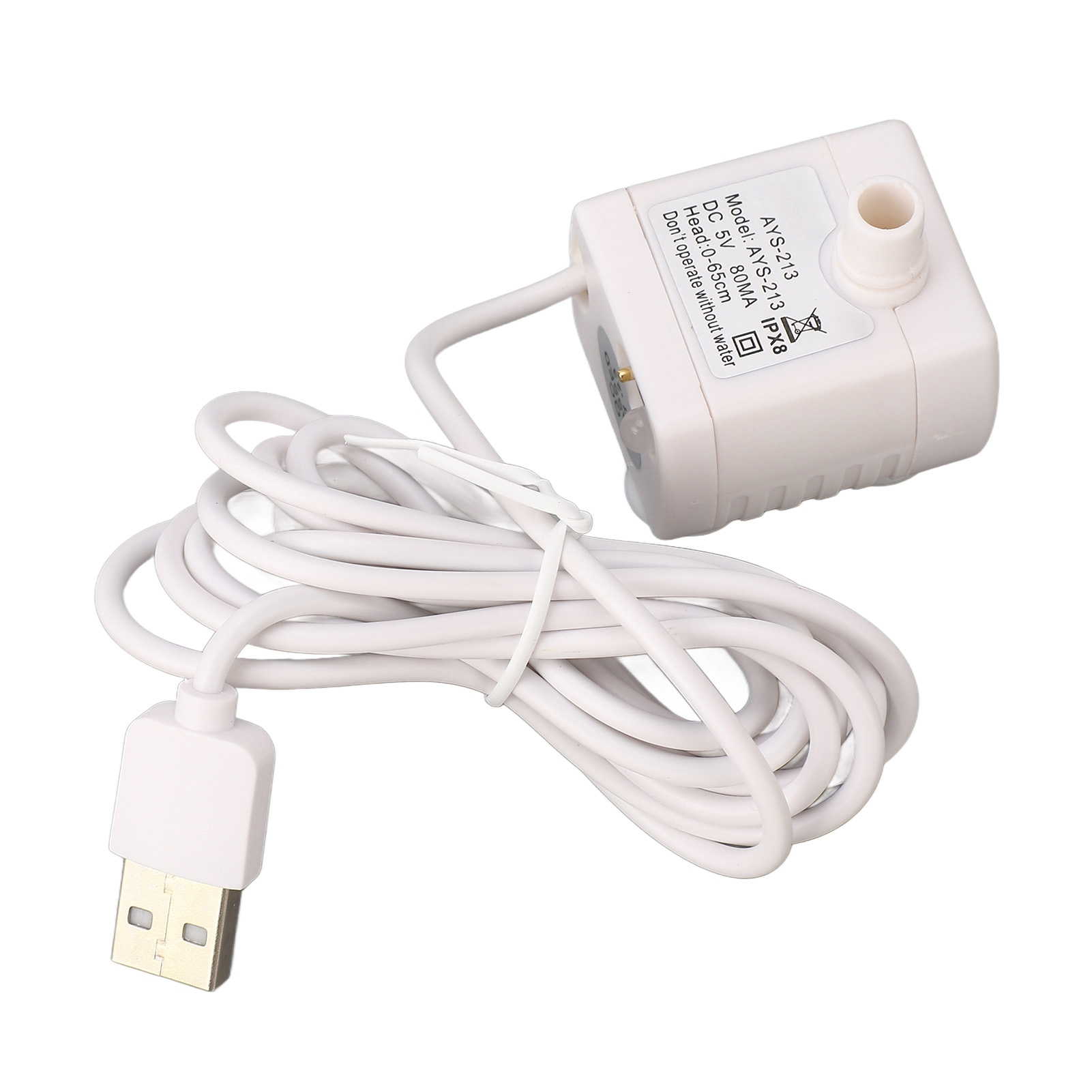 Kleine weiße USB-Wasserpumpe mit weißem Kabel und USB-Anschluss.