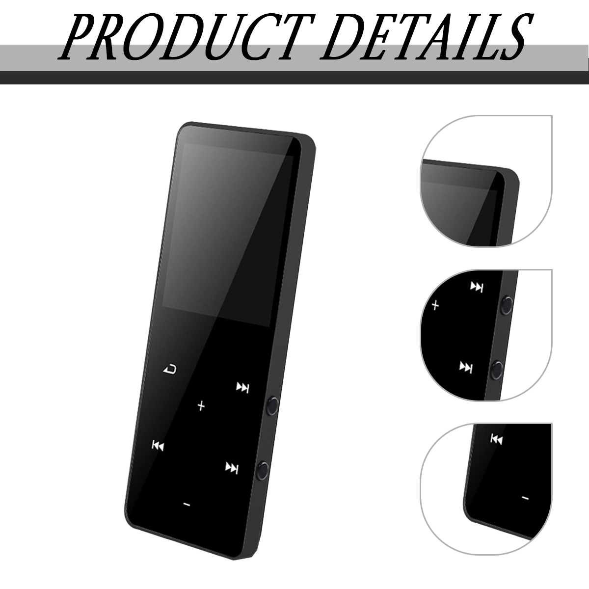 Schwarzer MP3-Player mit Touchscreen und Bedienelementen.