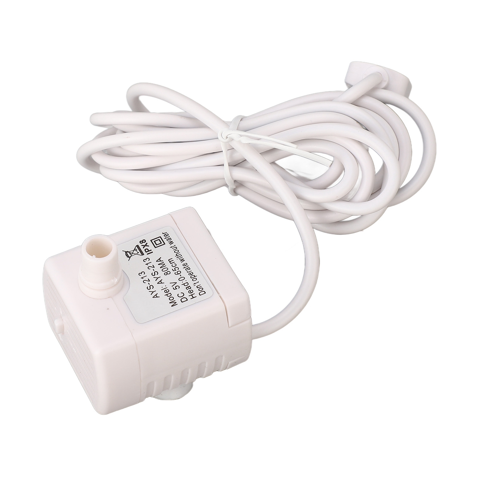 Kompakte weiße Pumpe mit aufgewickeltem Kabel und Beschriftung.