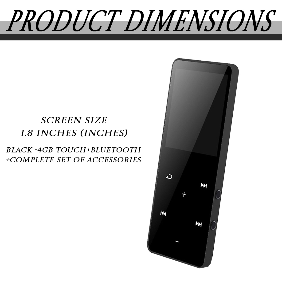 Schwarzer 4GB MP3-Player mit Touchscreen, Bluetooth und 1,8-Zoll-Bildschirm.
