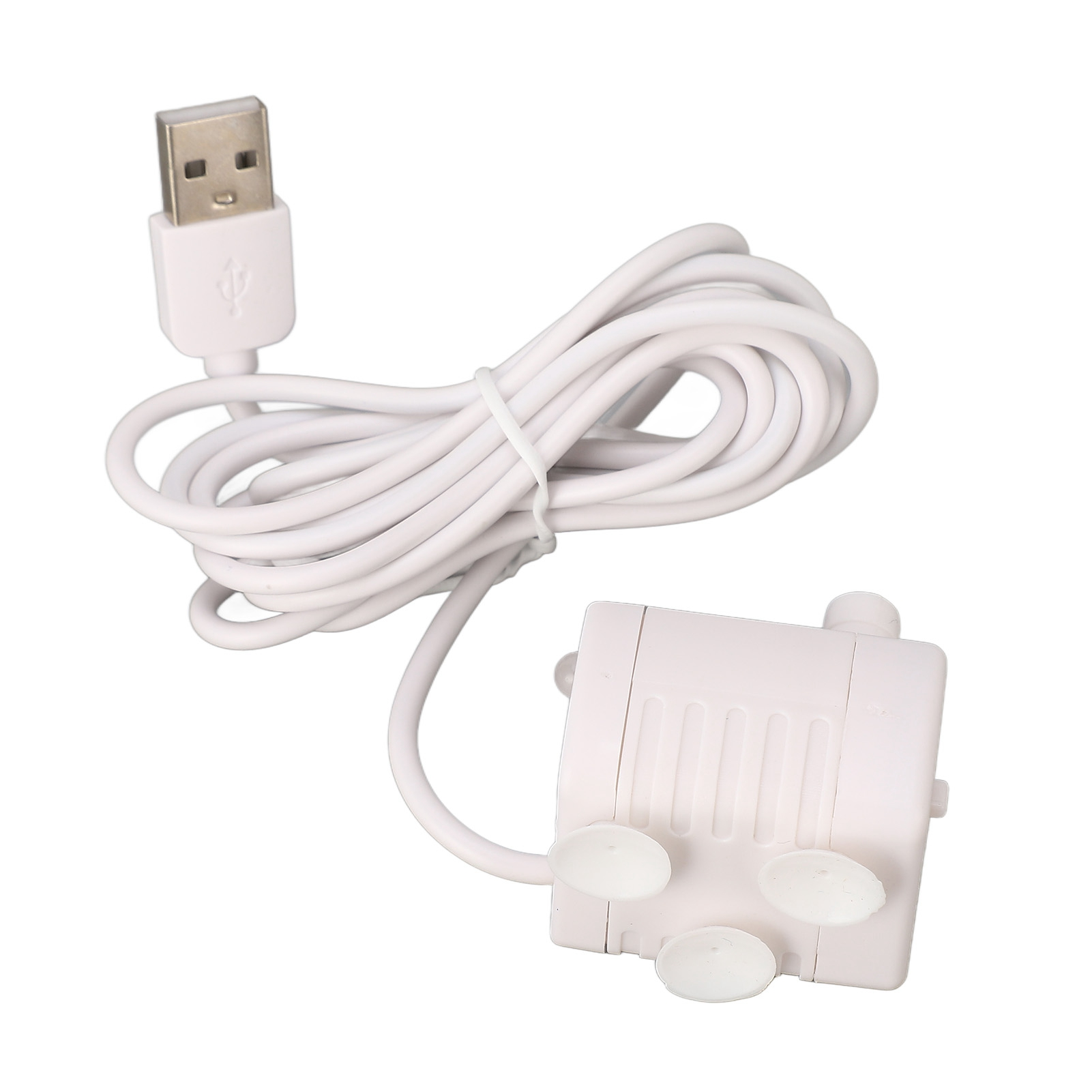 Ein wei;er USB-Stecker an einem gewickelten Kabel, das zu einer kleinen wei;-wei;en Pumpe mit Saugn?pfen fõhrt.