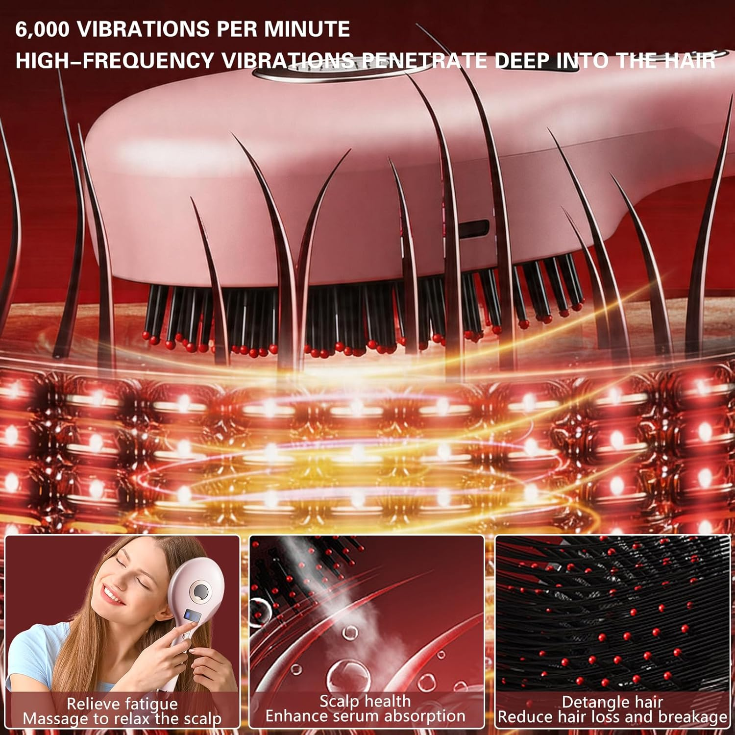 Rosa Massagegerät für Kopfhaut und Haar, 6000 Vibrationen pro Minute.