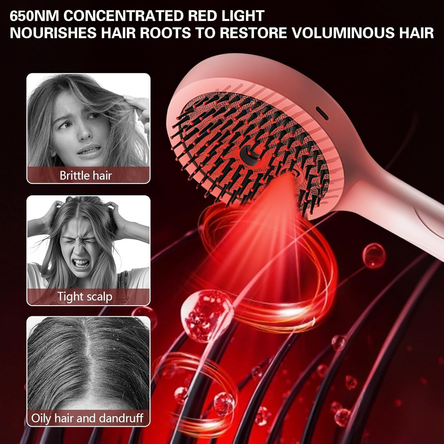 Haarbürste mit rotem Licht behandelt Haarausfall, brüchiges Haar, straffe Kopfhaut.