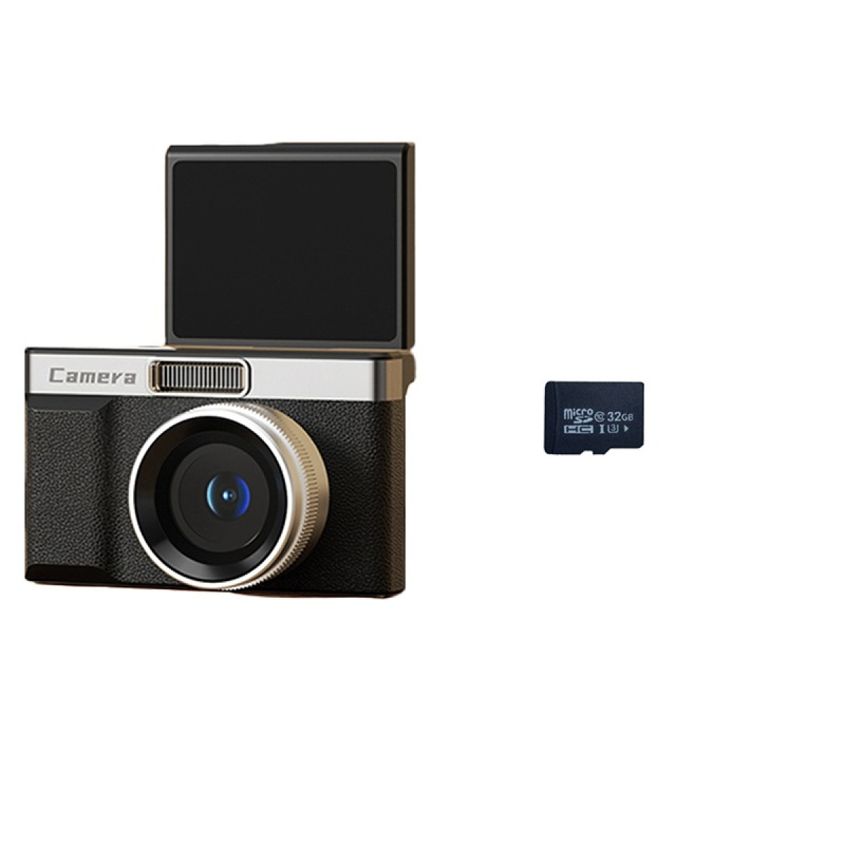 Eine schwarze Kamera mit ausklappbarem Bildschirm und eine 32GB MicroSD-Karte.