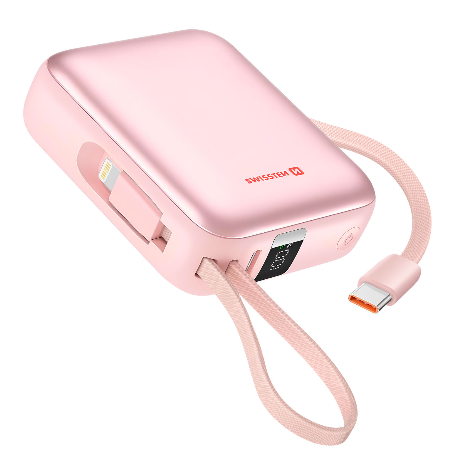 Un power bank color oro rosa con cavi di ricarica integrati e display digitale.