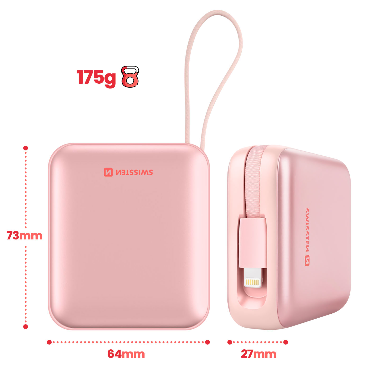 Un power bank rosa, dimensioni 64x73x27mm, peso 175g.