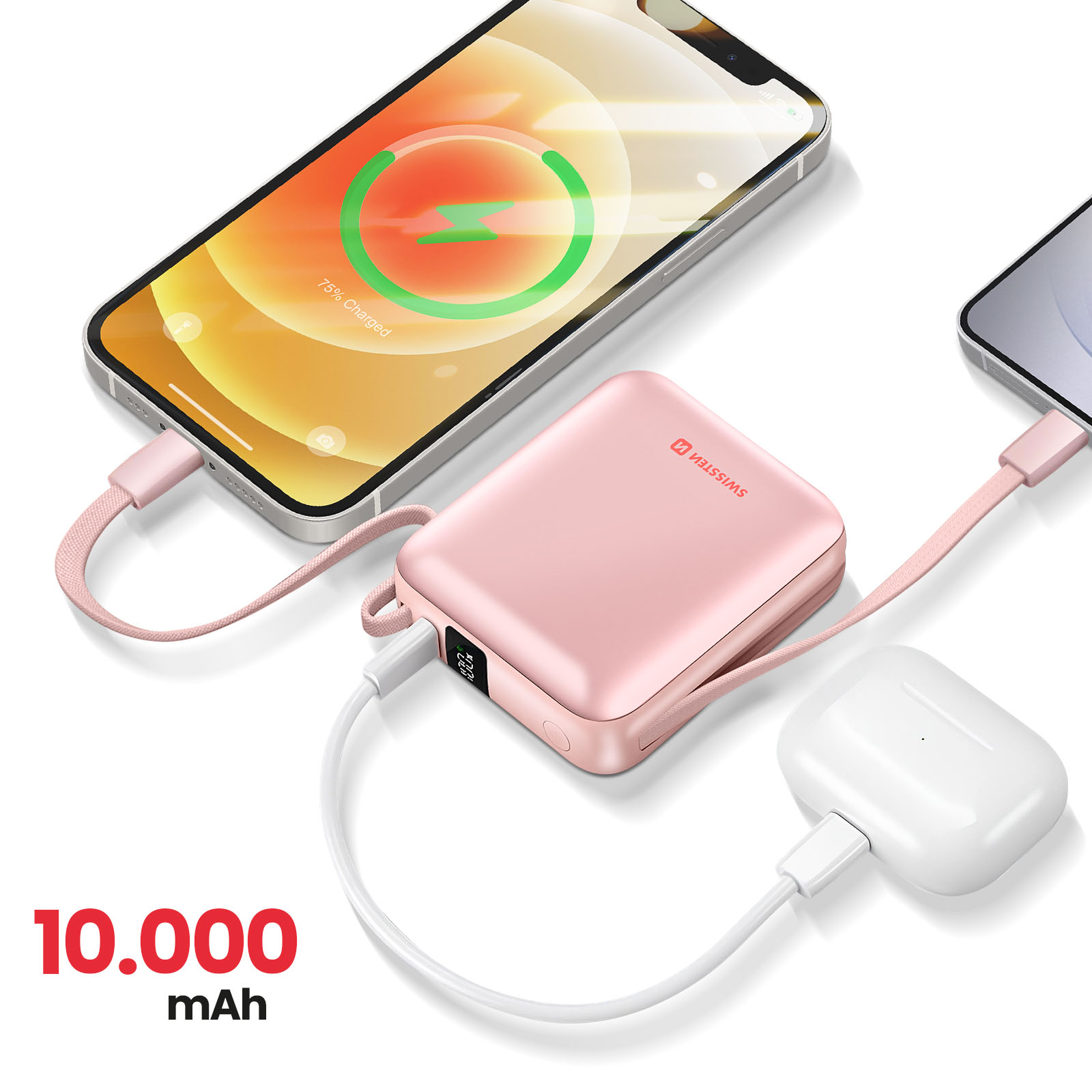 Un power bank rosa carica un iPhone e AirPods.