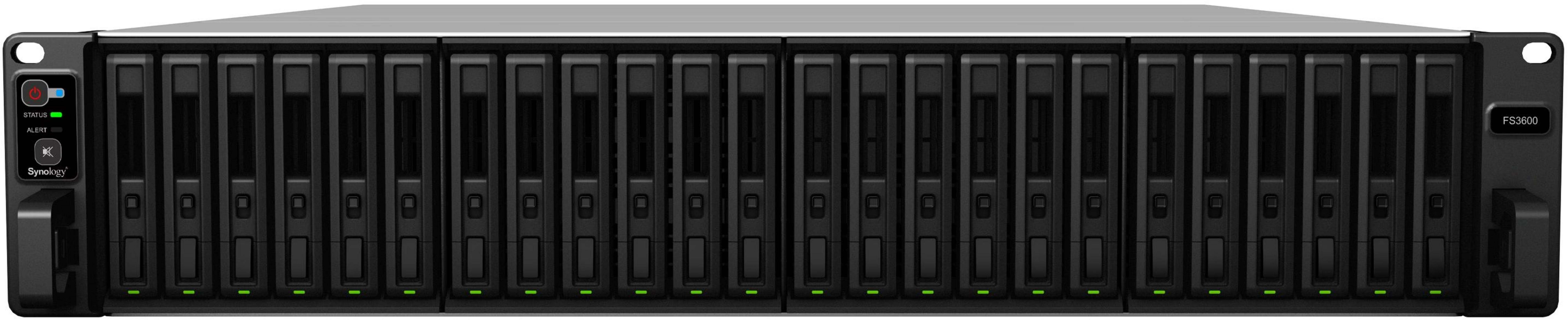 Ein schwarzes NAS-Gerät mit 24 Einschüben, Statusleuchten und dem Synology-Logo.