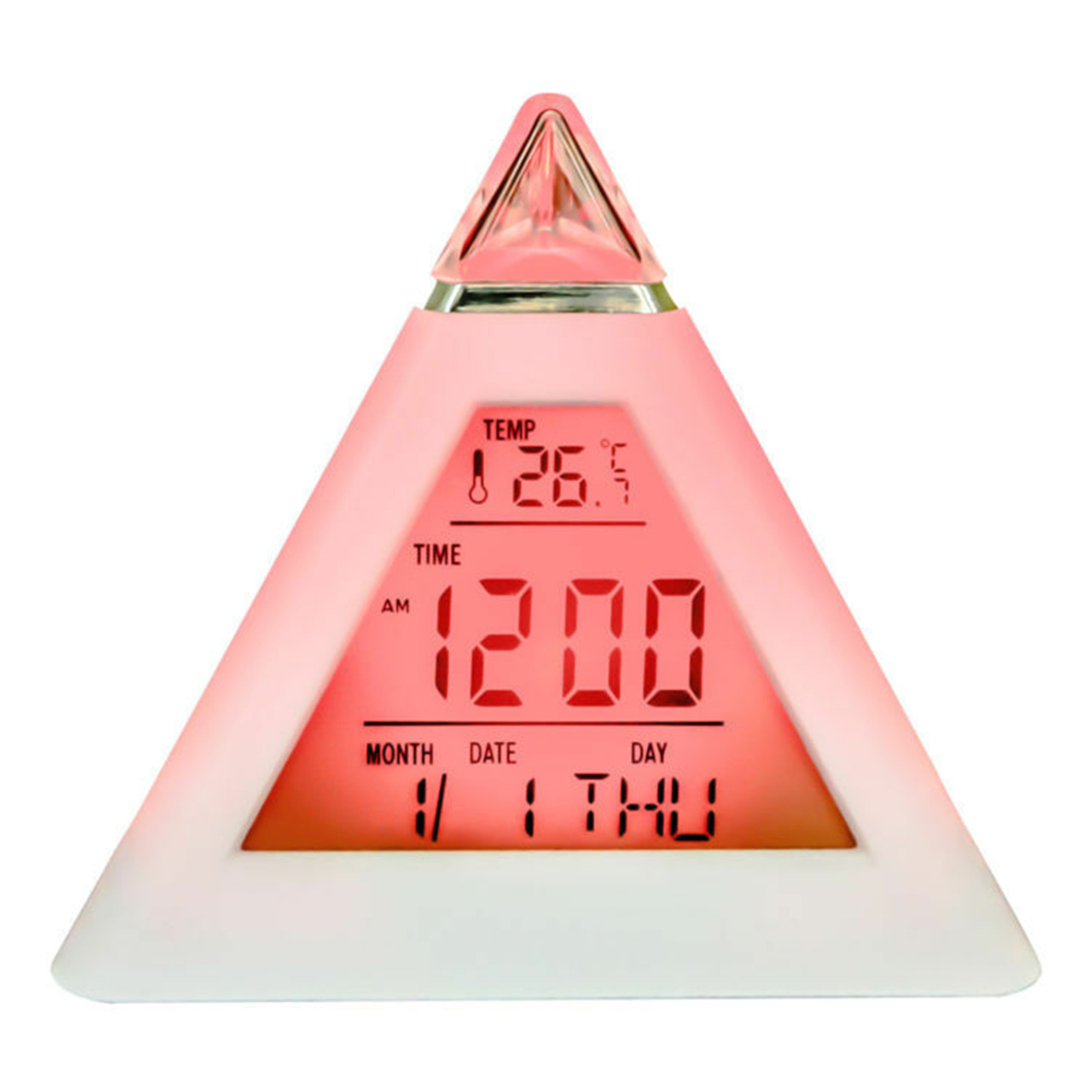 Ein rosafarbener, pyramidenförmiger Wecker zeigt 26°C, 12:00 Uhr und Donnerstag, 1. Januar an.