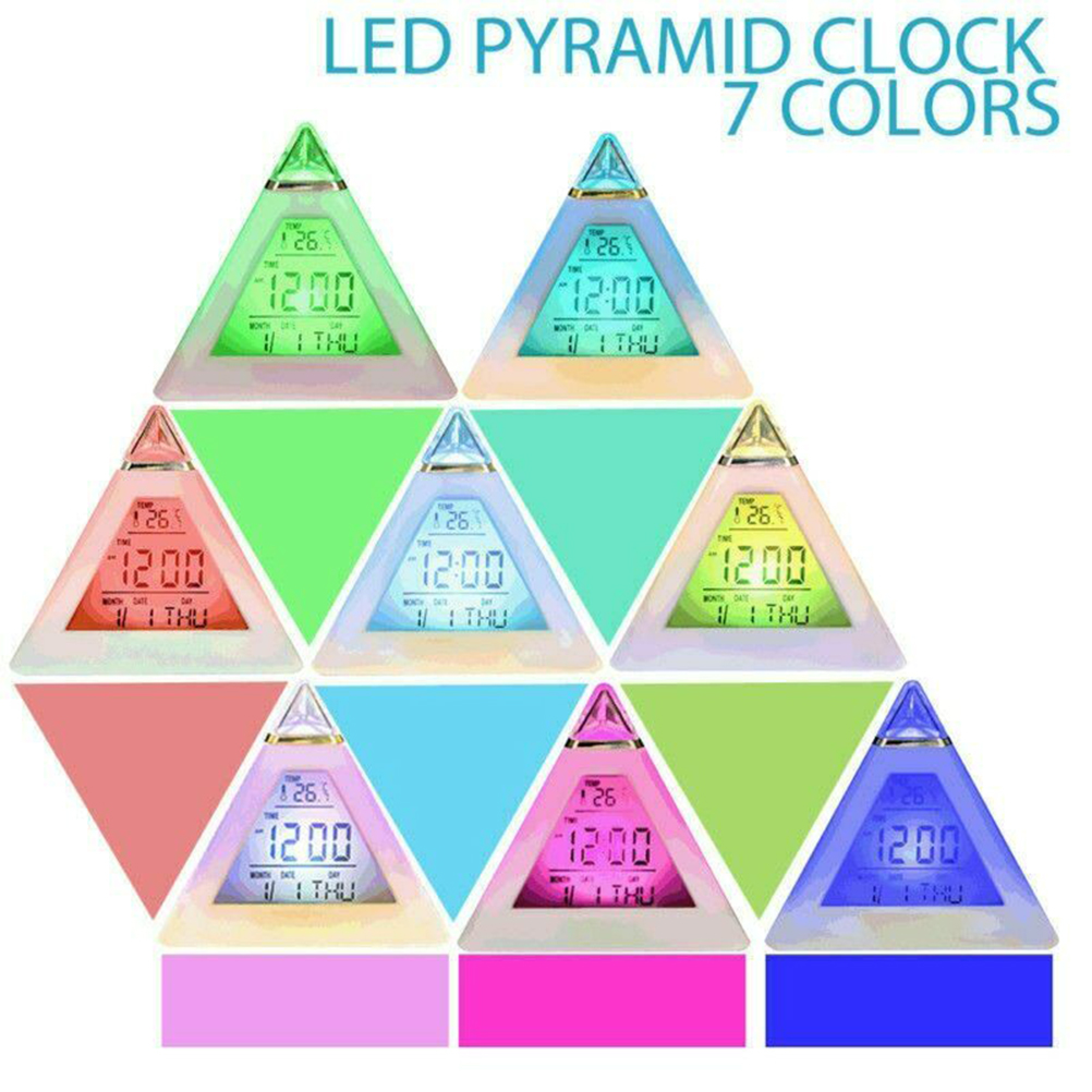 Mehrere LED-Pyramidenuhren in verschiedenen Farben zeigen 12:00 Uhr an.