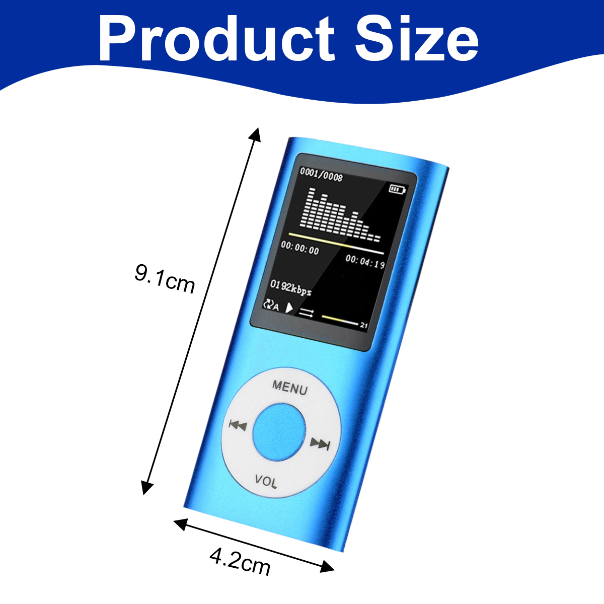 Ein blauer MP3-Player mit Display, Tasten und Größenangaben von 9,1 cm x 4,2 cm.