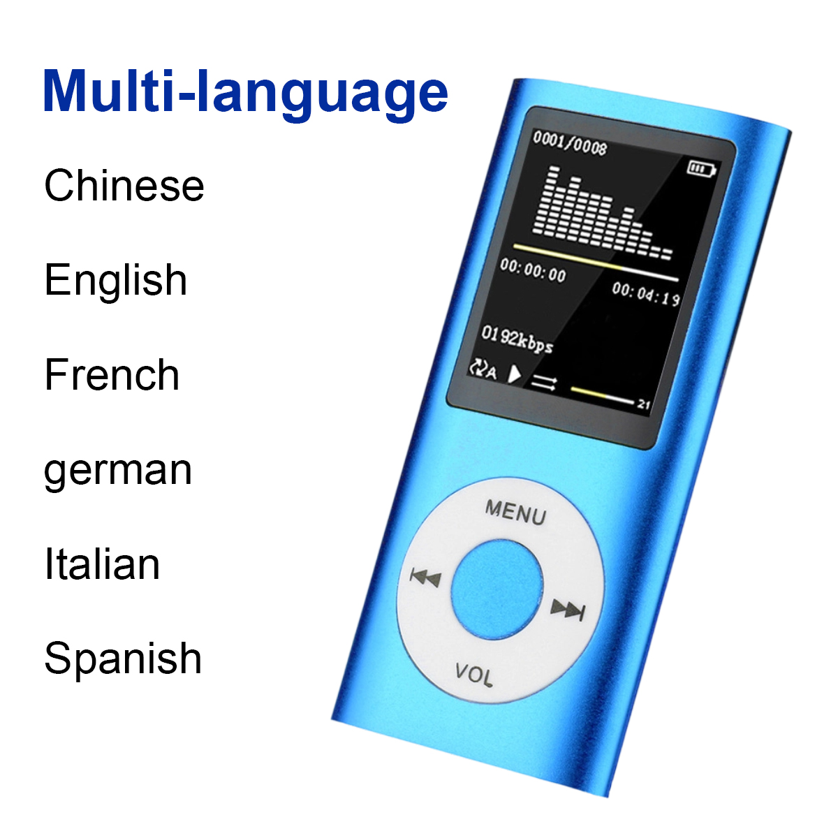 Blauer MP3-Player mit Equalizer-Anzeige und Sprachliste daneben.