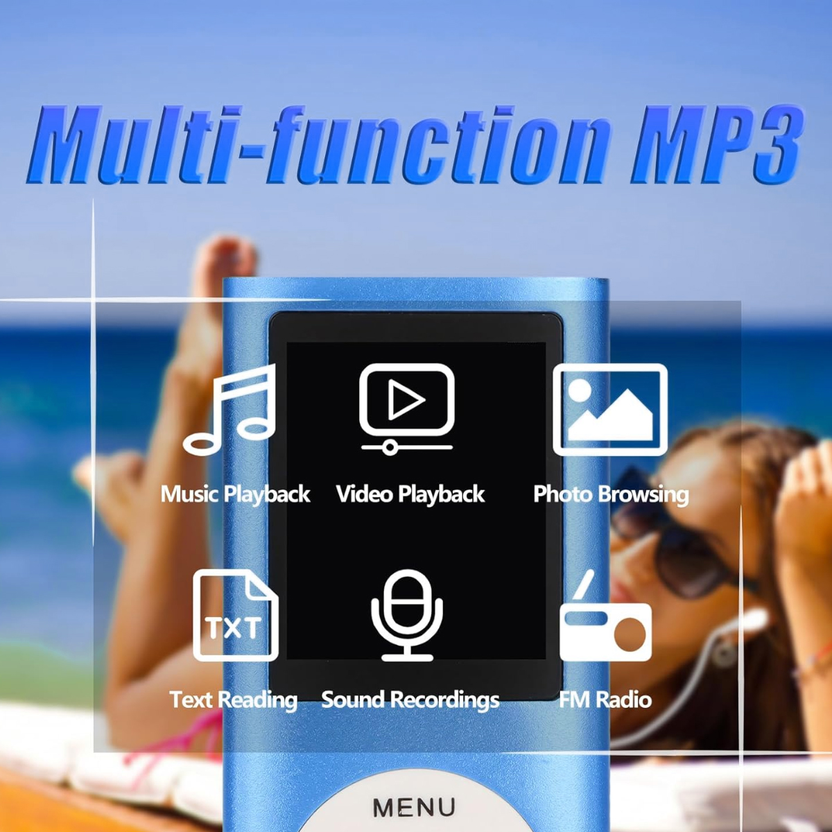 Blauer MP3-Player mit Icons für Musik, Video, Foto, Text, Aufnahme und Radio.