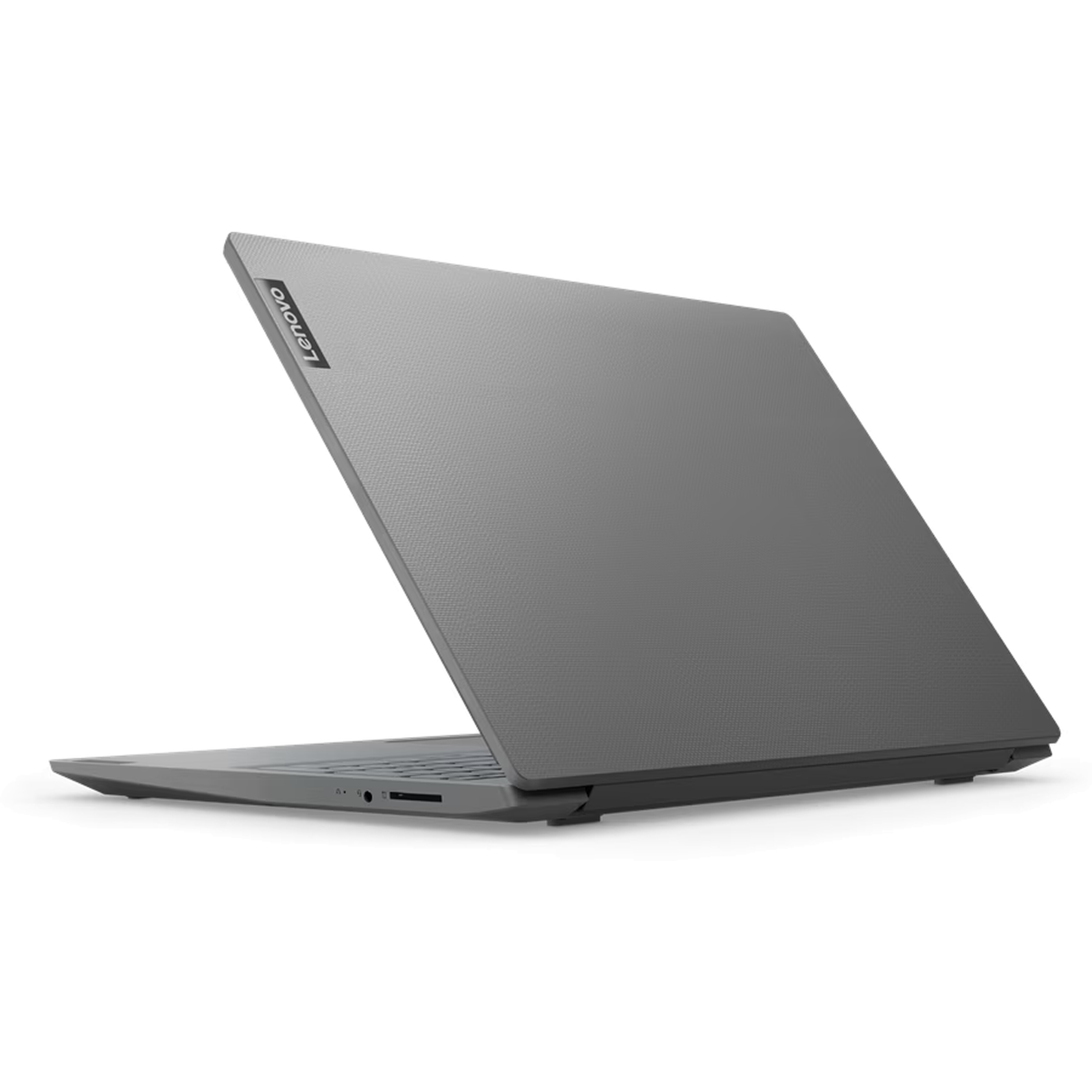 A closed gray Lenovo laptop with a textured lid, viewed from the side.