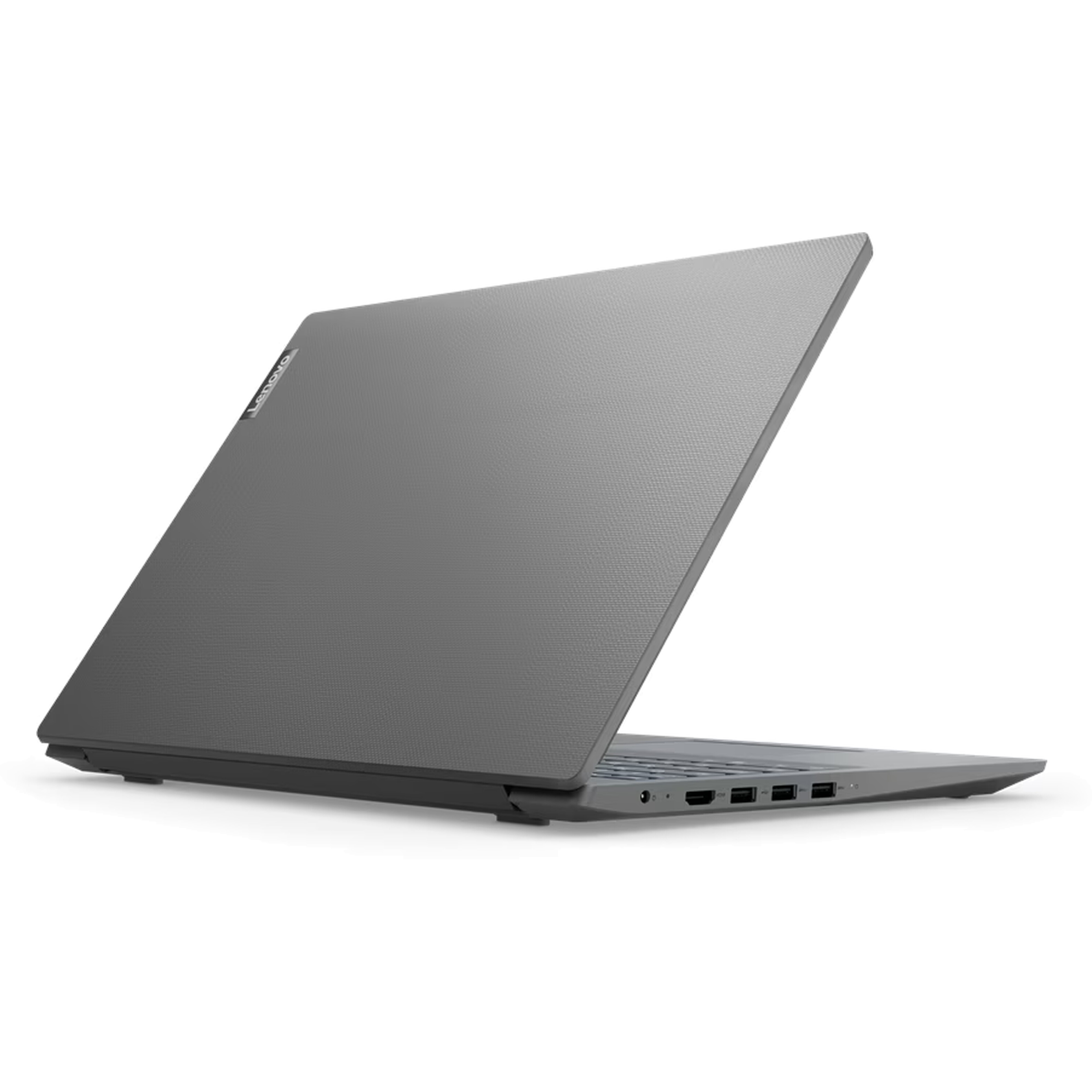 Gray Lenovo laptop, open, showing ports on the side.