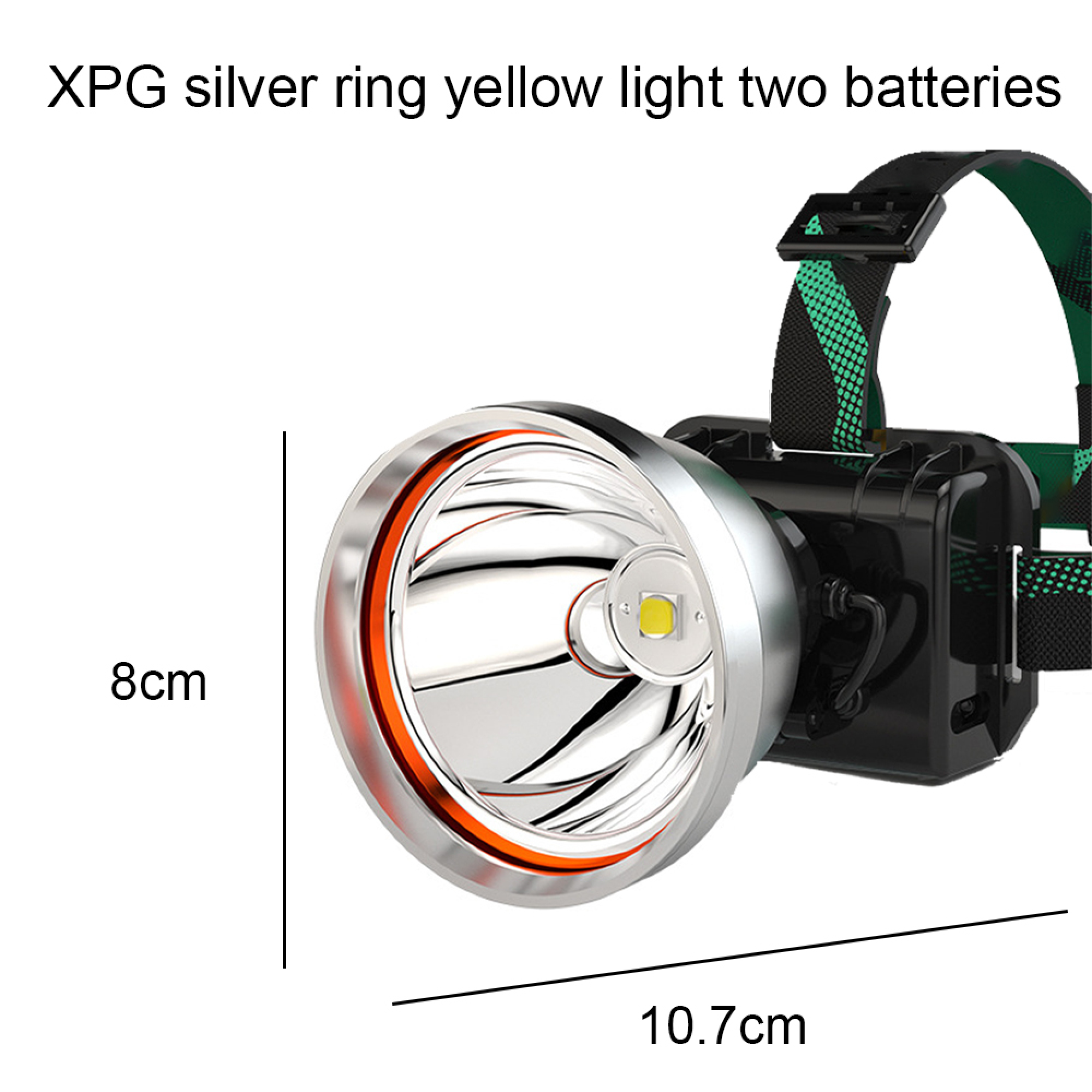 XPG Stirnlampe mit silbernem Ring, gelbem Licht und 8cm/10.7cm Maßen.