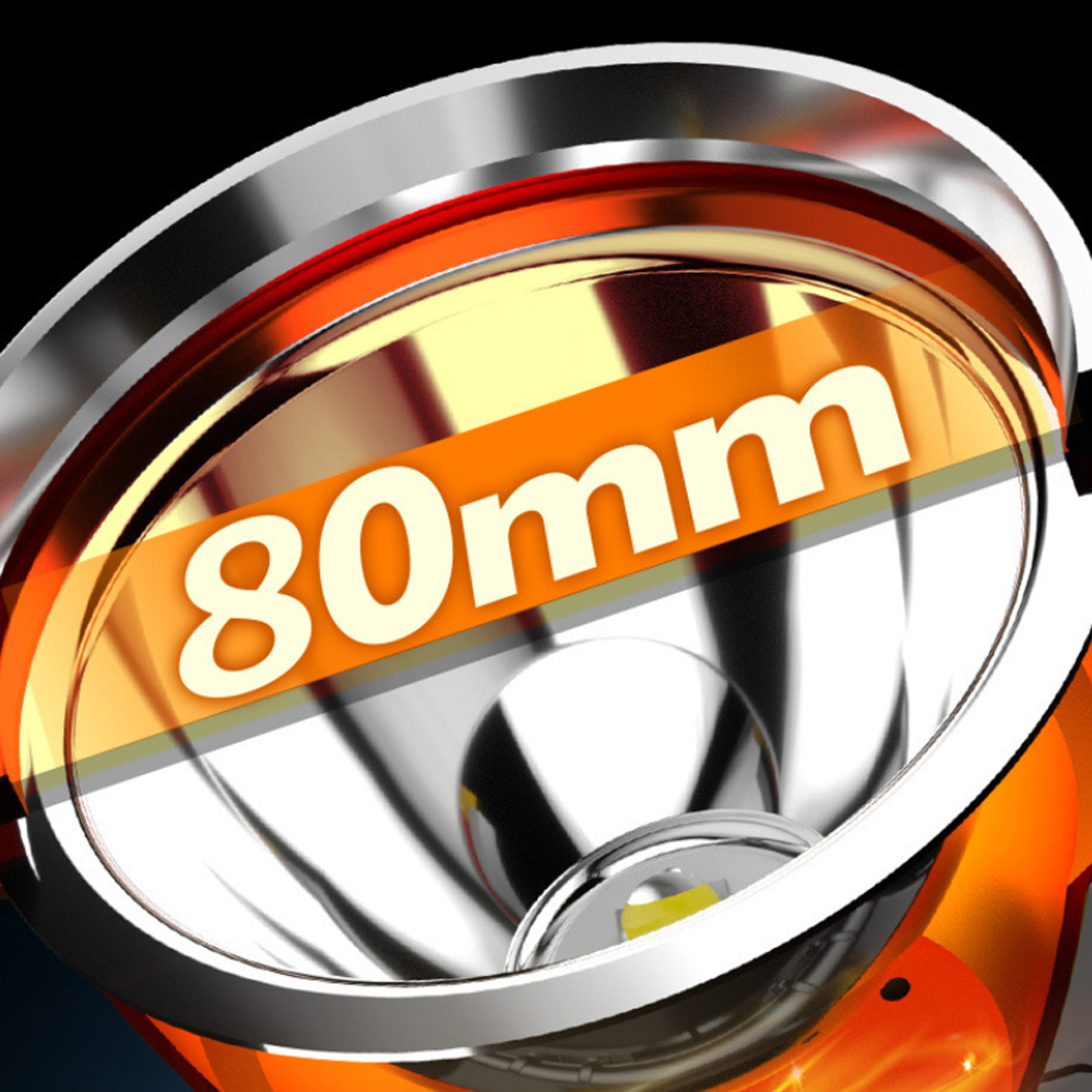 Detailansicht einer Taschenlampe mit der Aufschrift 80mm auf einem orangefarbenen Band.