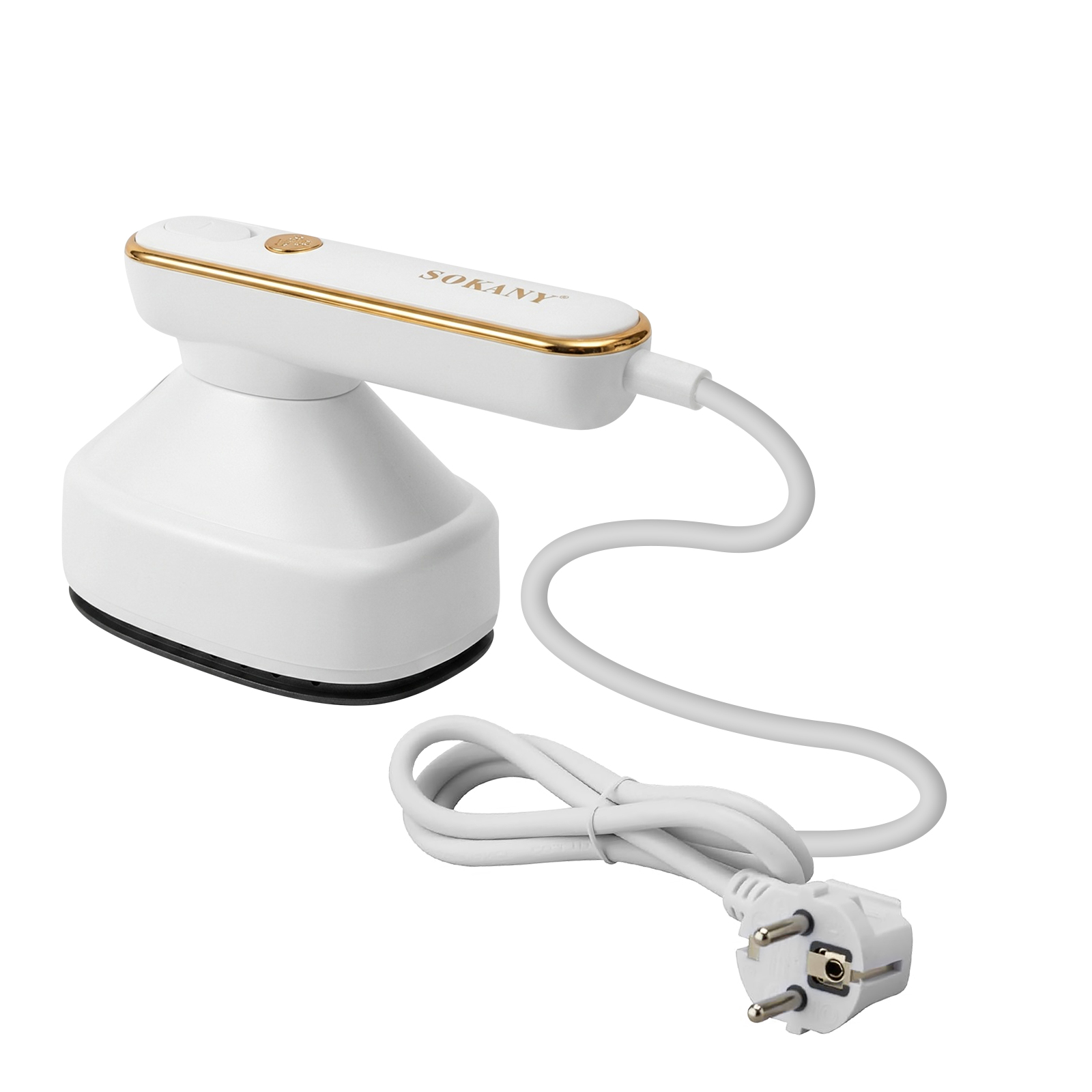 Ein weißer Mini-Dampfbügler mit goldenen Akzenten und einem weißen Kabel.