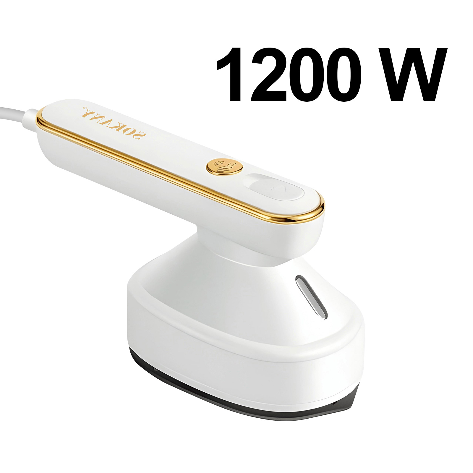 Ein weißer Handdampfbügler mit goldenen Akzenten und der Aufschrift 1200 W.