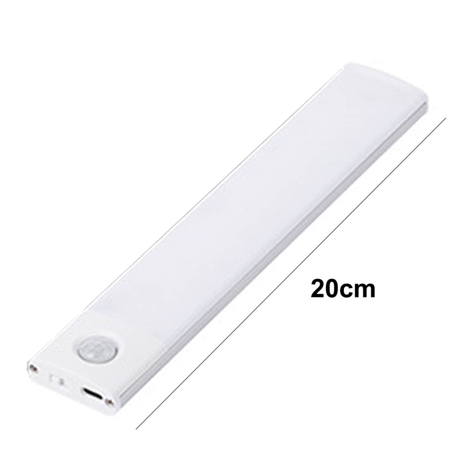 Eine weiße LED-Leiste mit Bewegungssensor und USB-Anschluss, 20cm lang.