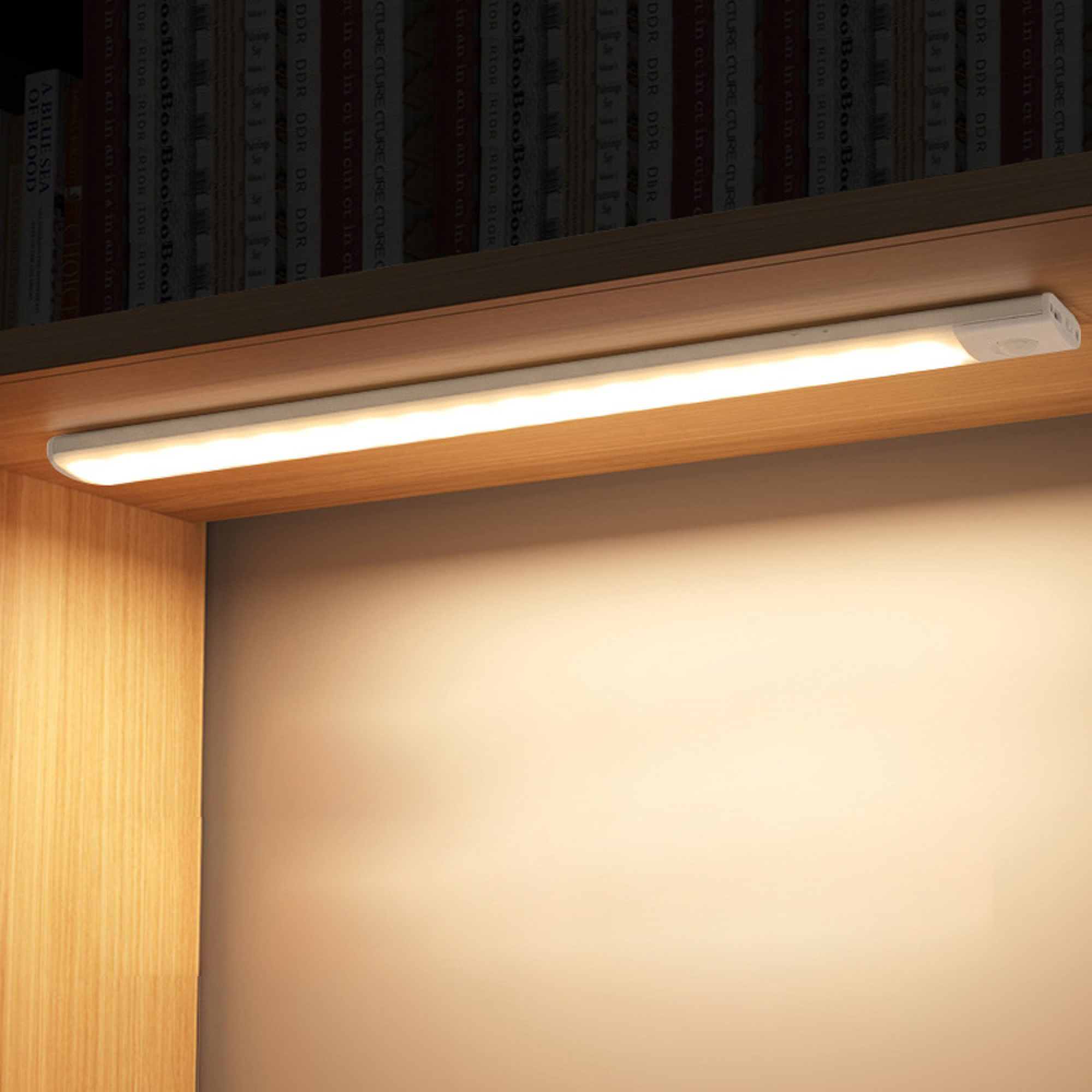 Ein weißes LED-Lichtband leuchtet unter einem Bücherregal.