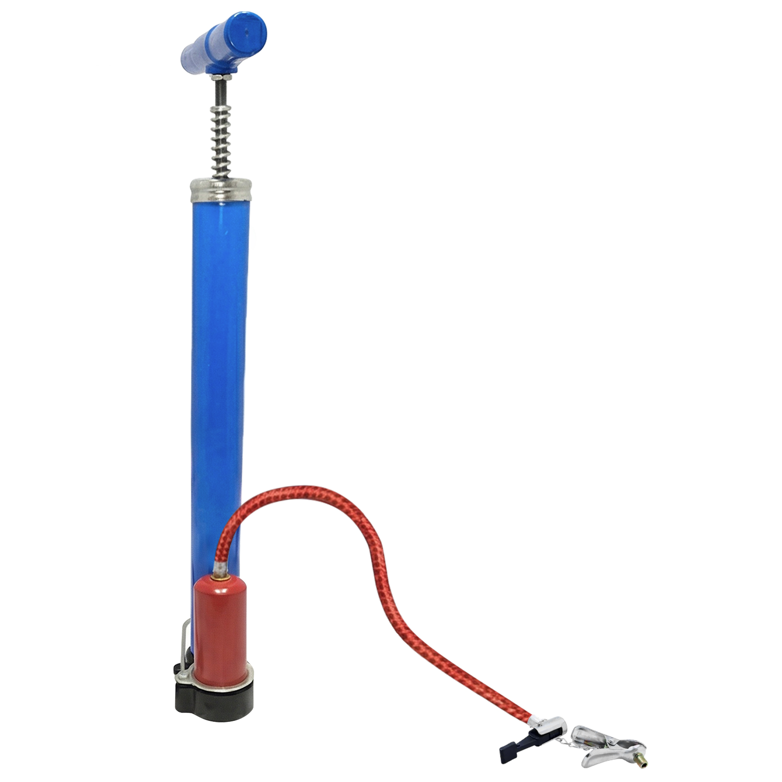 Blauer Luftpumpen-Zylinder mit rotem Schlauch und silbernem Clip.