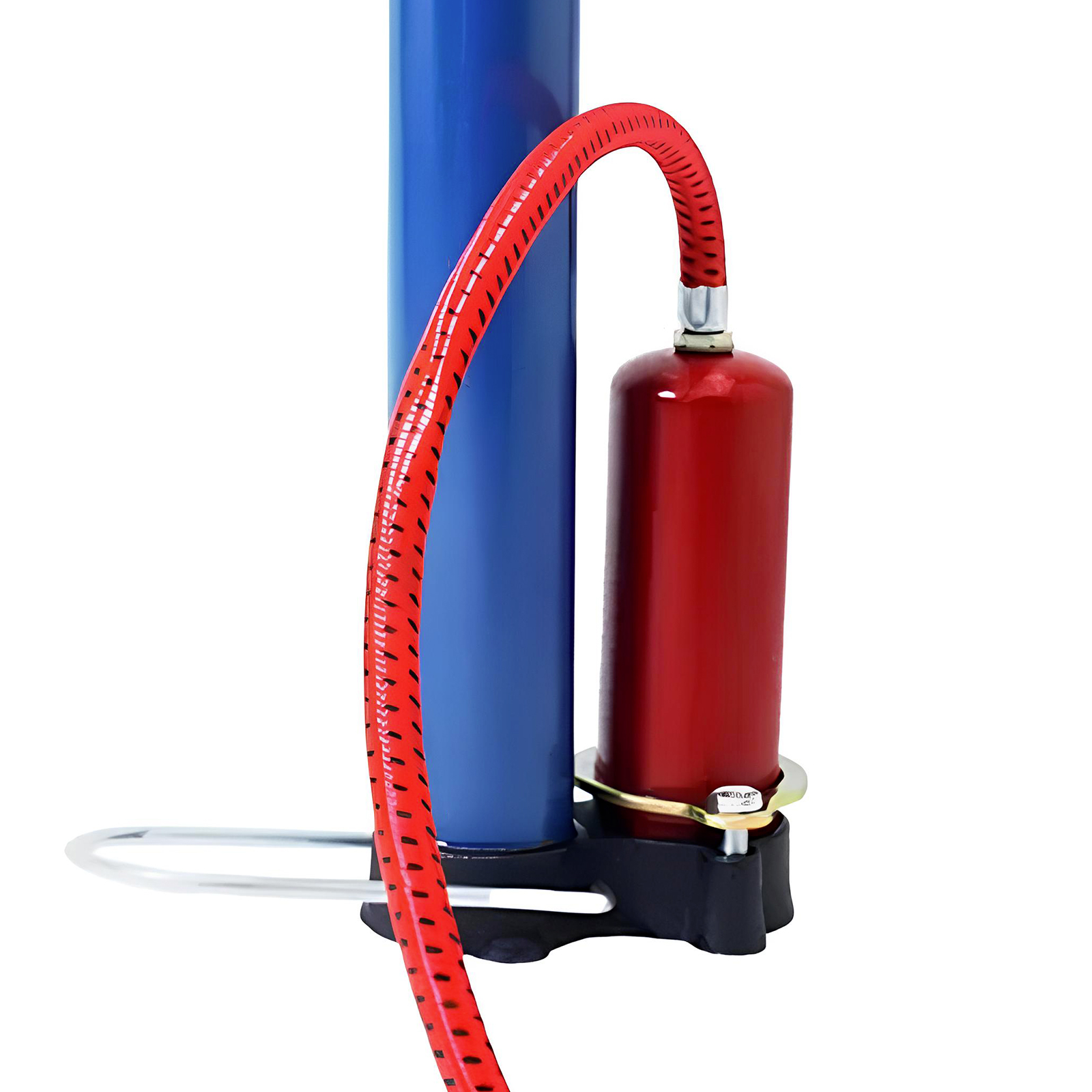 Blauer Zylinder neben rotem Zylinder mit rotem Schlauch.