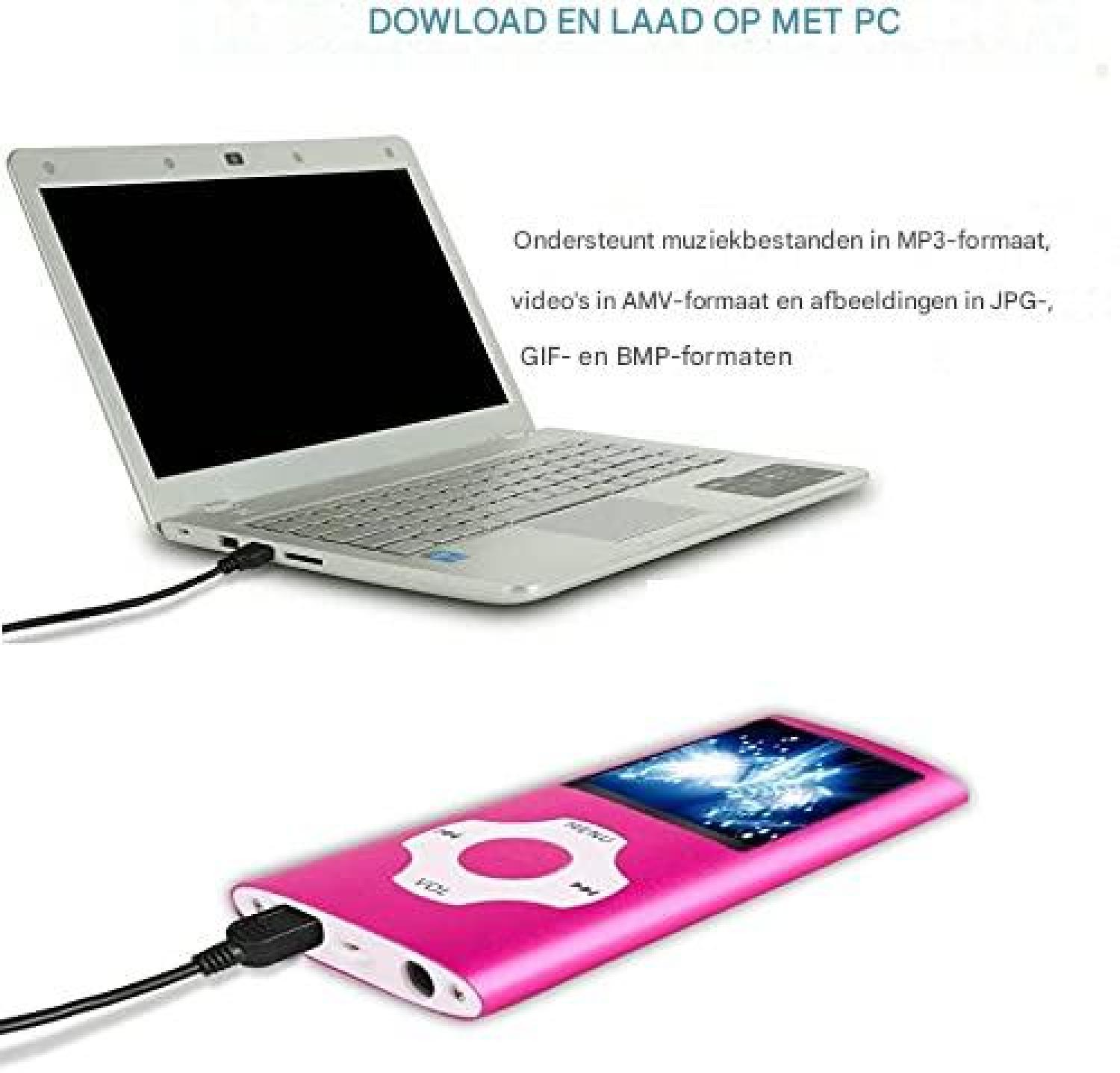 Ein silberner Laptop ist mit einem rosa MP3-Player verbunden.