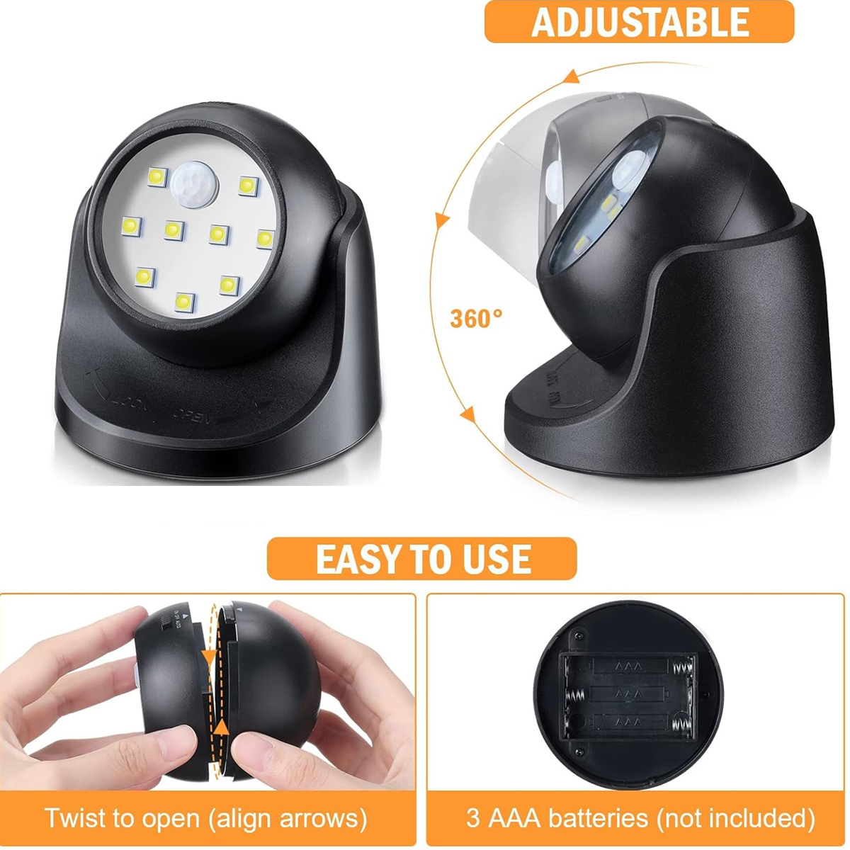 Ein schwarzer, verstellbarer LED-Bewegungsmelder mit 360°-Drehung und AAA-Batteriefach.