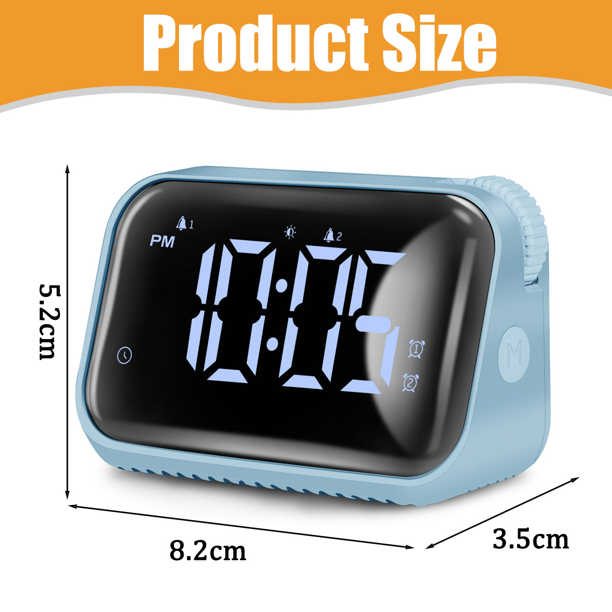 Blauer Digitalwecker zeigt 22:00 Uhr. Maße: 8,2x5,2x3,5cm.