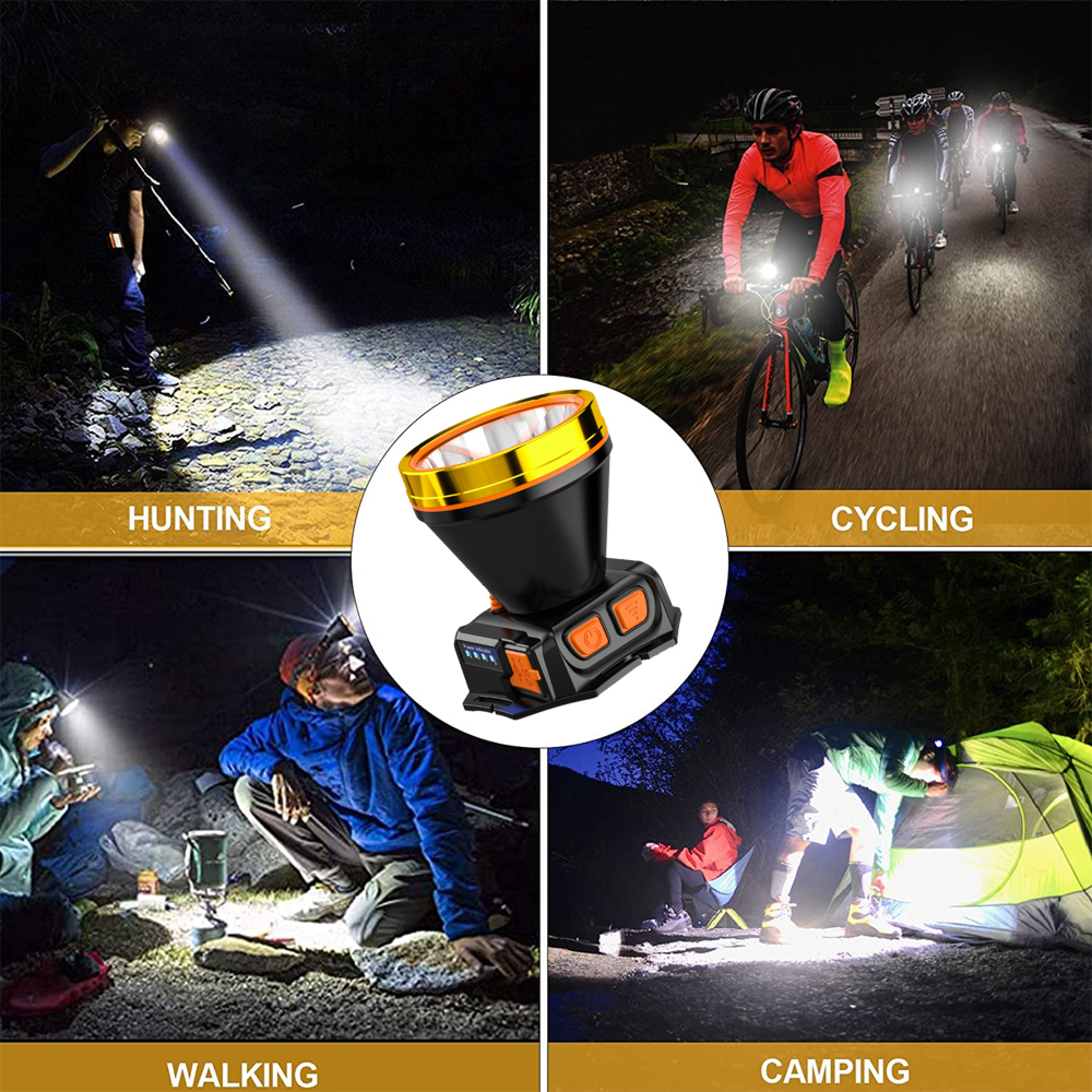 Person jagt im Dunkeln mit Stirnlampe, Radfahrer bei Nacht, Wanderer campen.