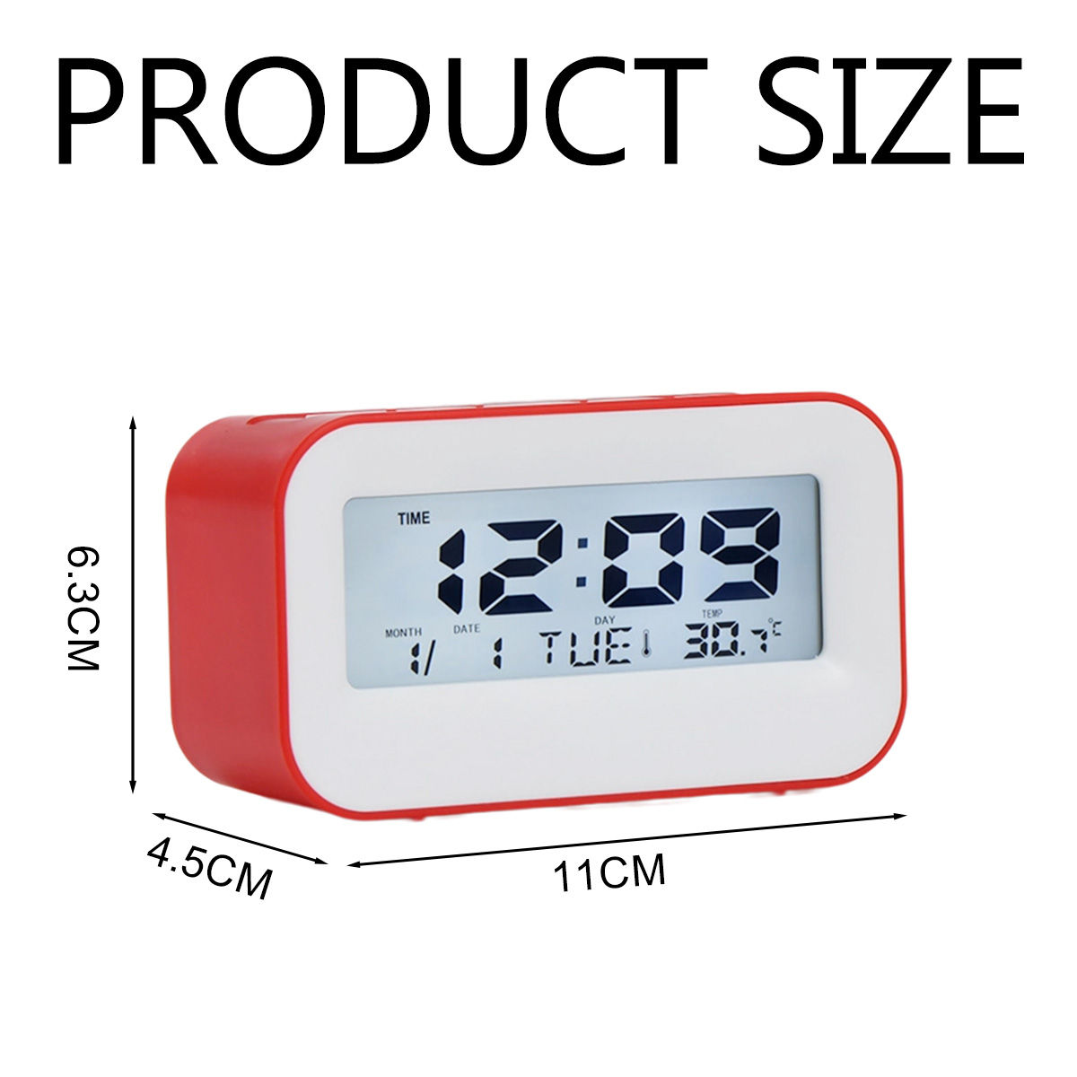 Ein roter Digitalwecker zeigt 12:09 Uhr, Dienstag, 30,7°C. Maße: 11x4,5x6,3cm.