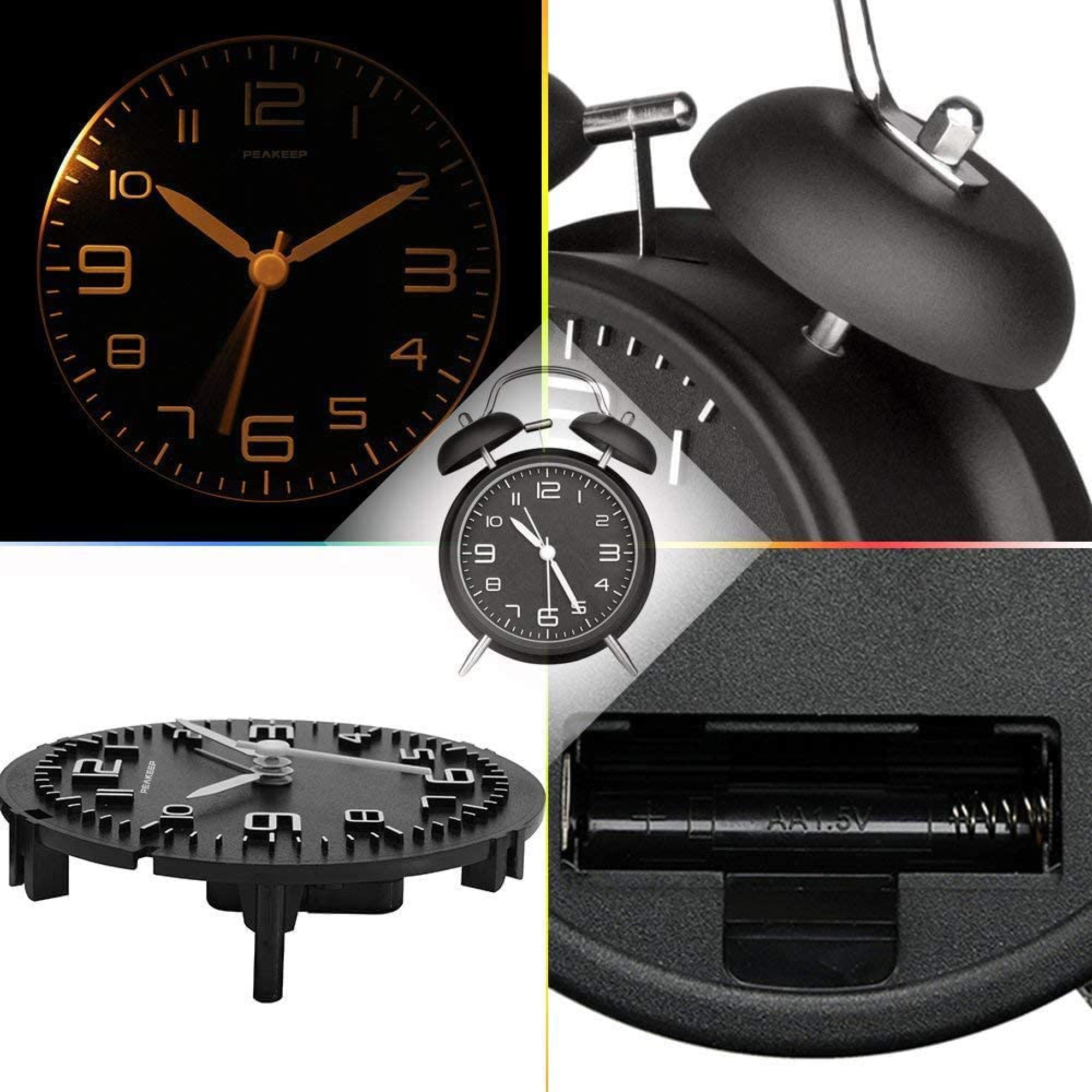 Ein Wecker mit Zifferblatt, Glocken und Batteriefach.