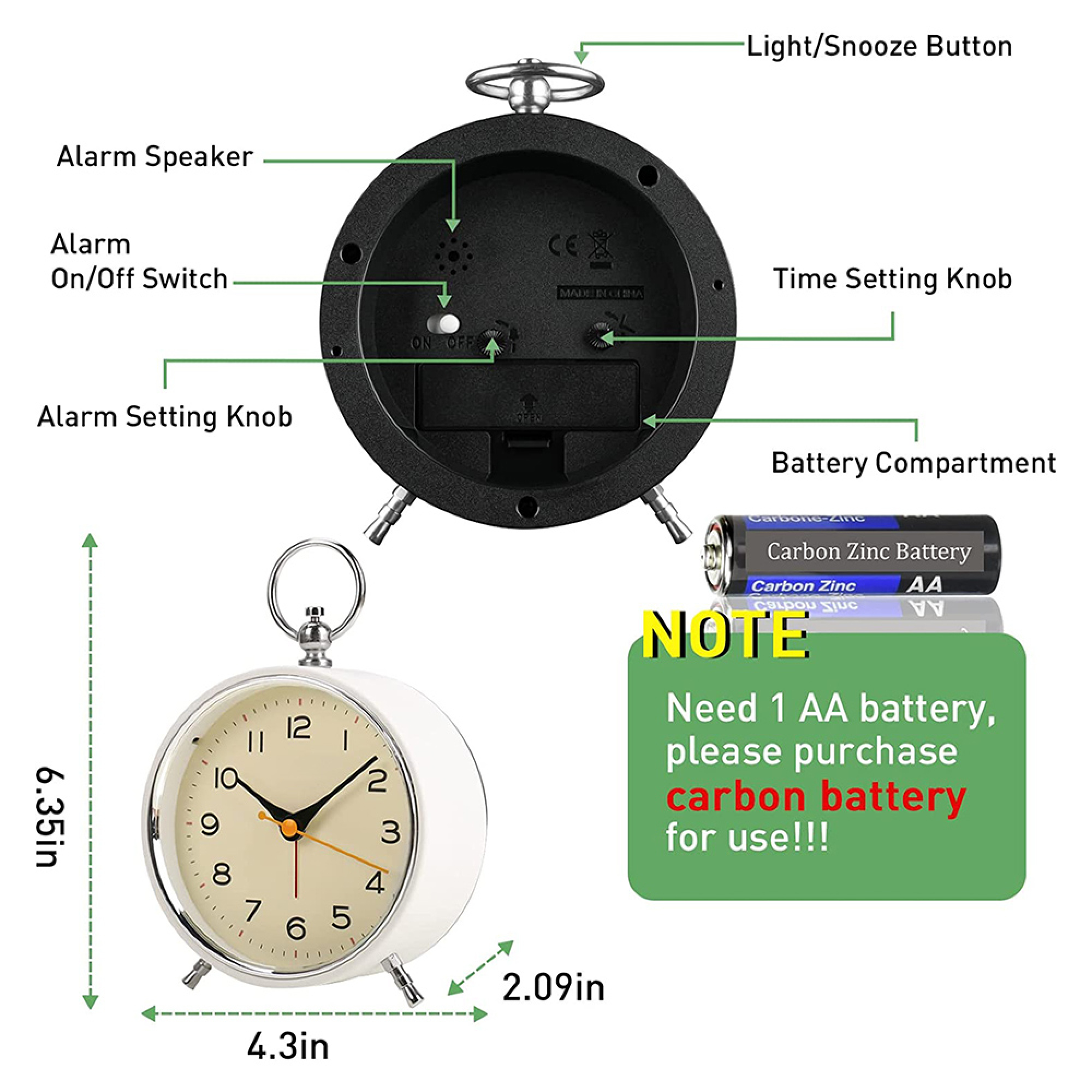 Ein weißer Wecker mit Zifferblatt. Die Rückseite zeigt Bedienelemente und eine Batterie.