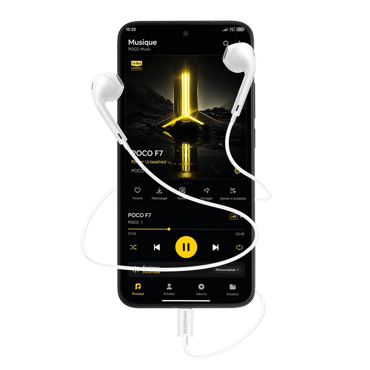 Uno smartphone con auricolari bianchi riproduce musica. Lo schermo mostra l'app POCO Music.