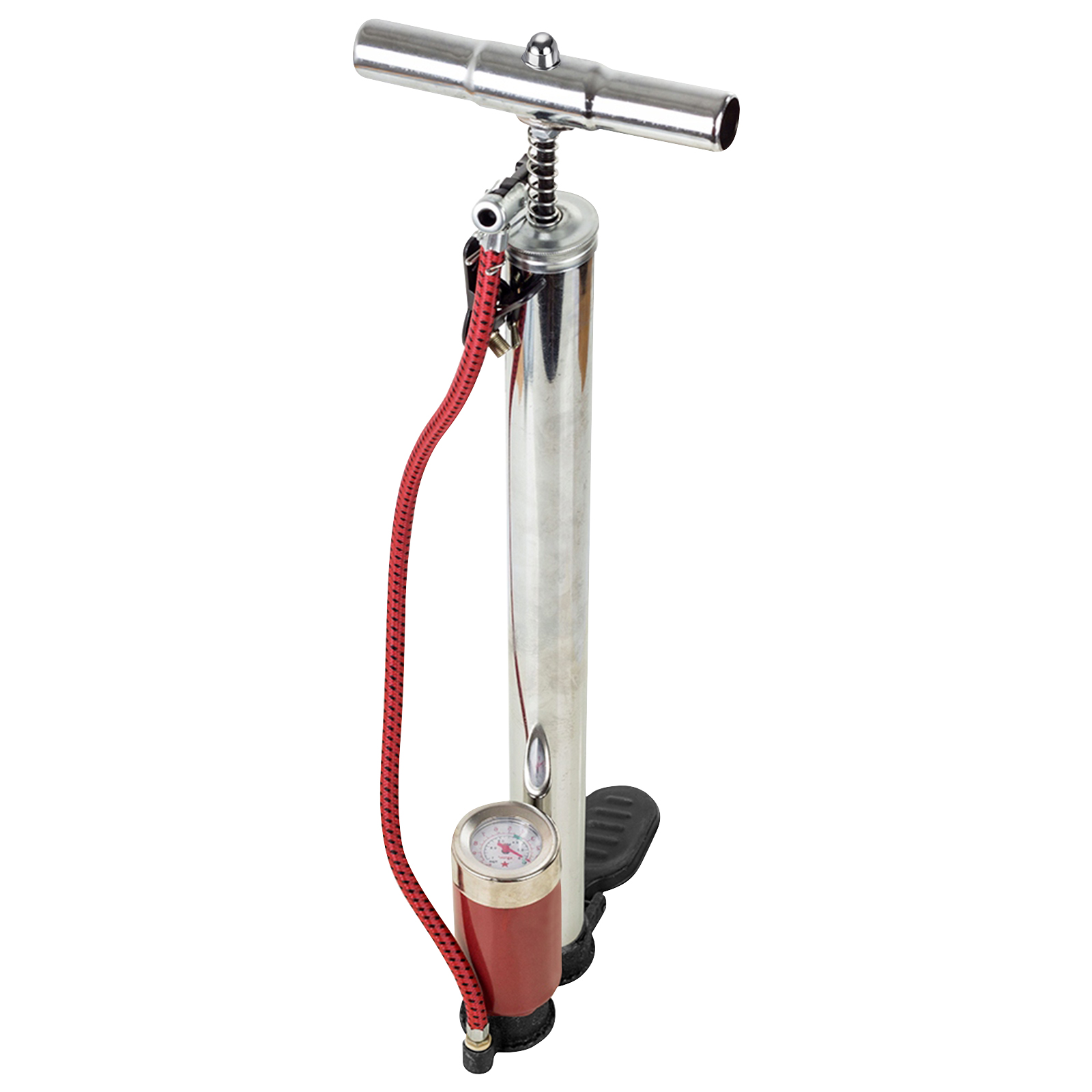 Ein silberner Fahrradständer mit rotem Schlauch und Manometer.