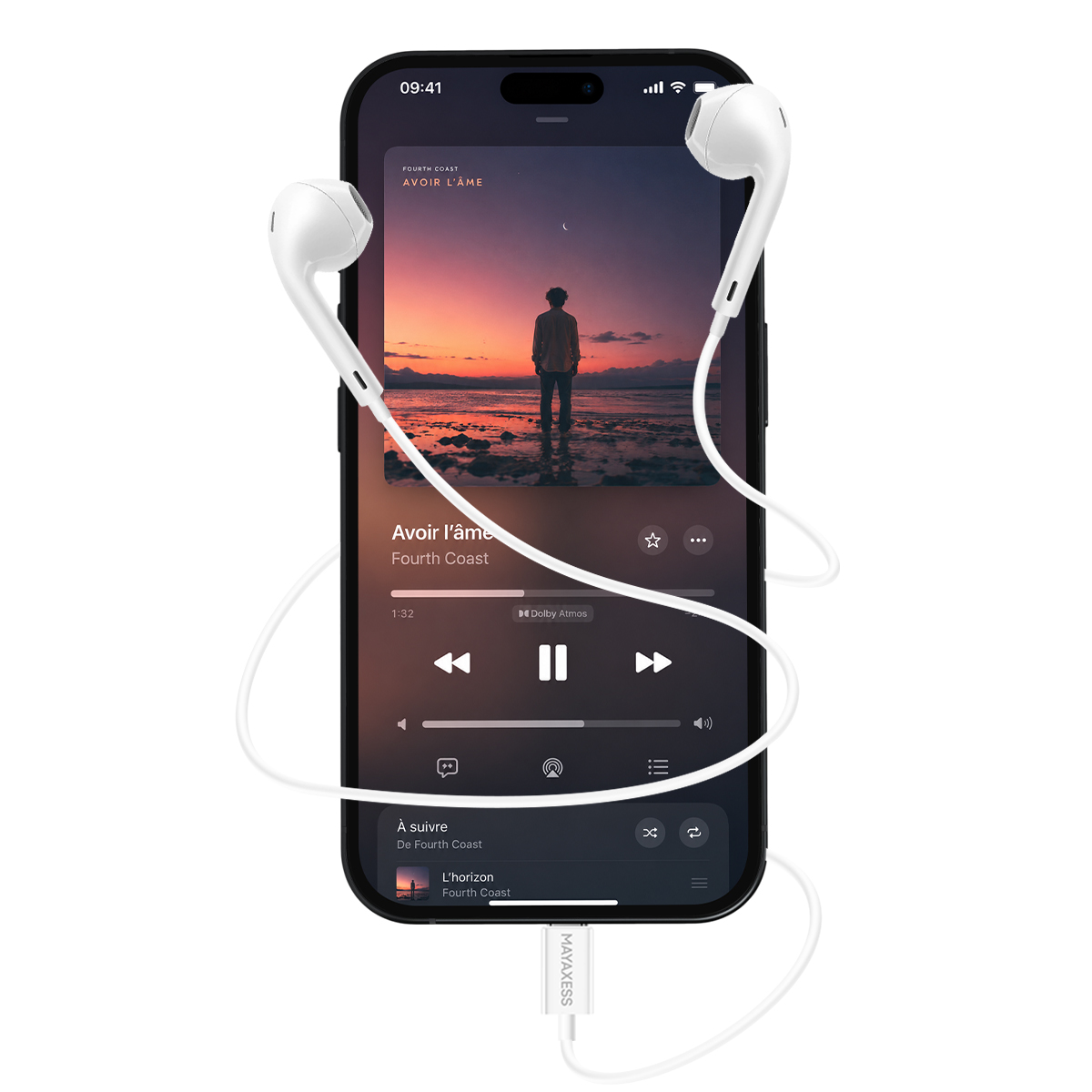 Uno smartphone con auricolari mostra un'app musicale con un'immagine al tramonto.