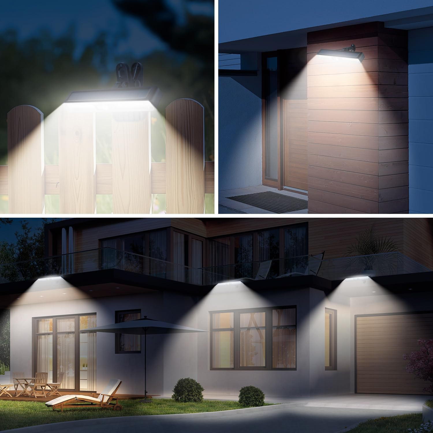 Solarleuchten beleuchten nachts einen Zaun, eine Haustür und ein Haus.