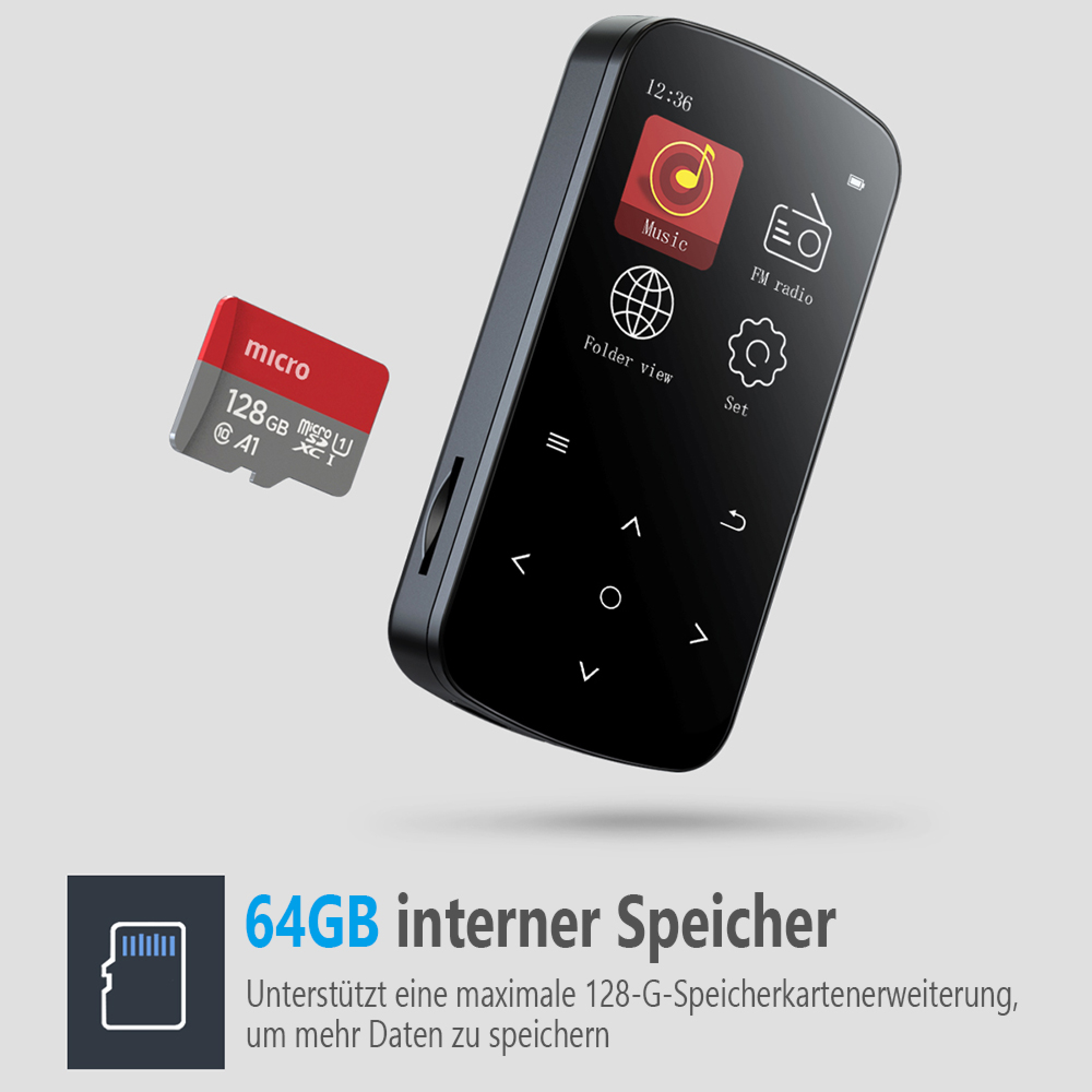 Ein schwarzer Mediaplayer mit SD-Karte und Text über Speicher.