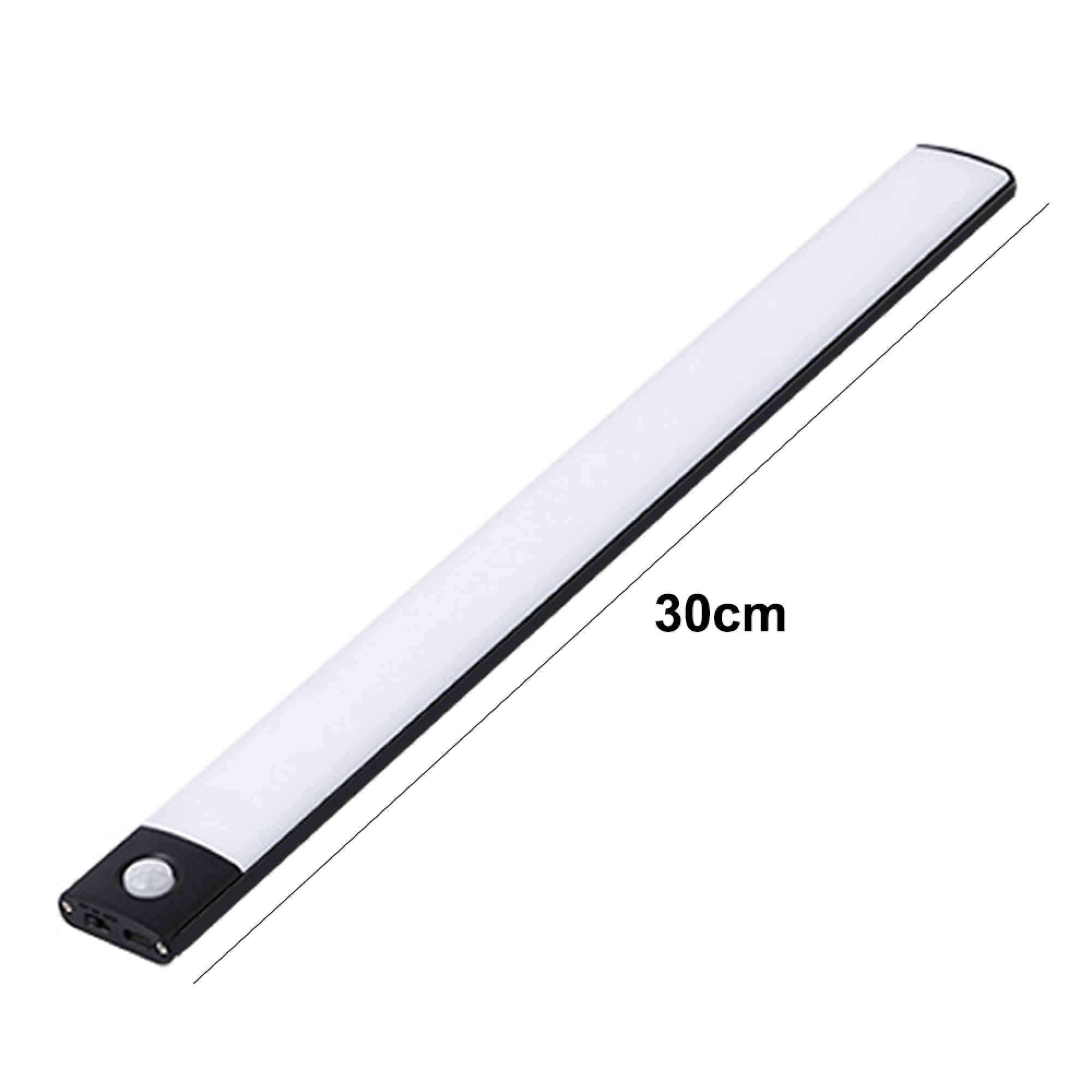 Ein langer, schmaler LED-Streifen mit Bewegungssensor und 30cm-Markierung.
