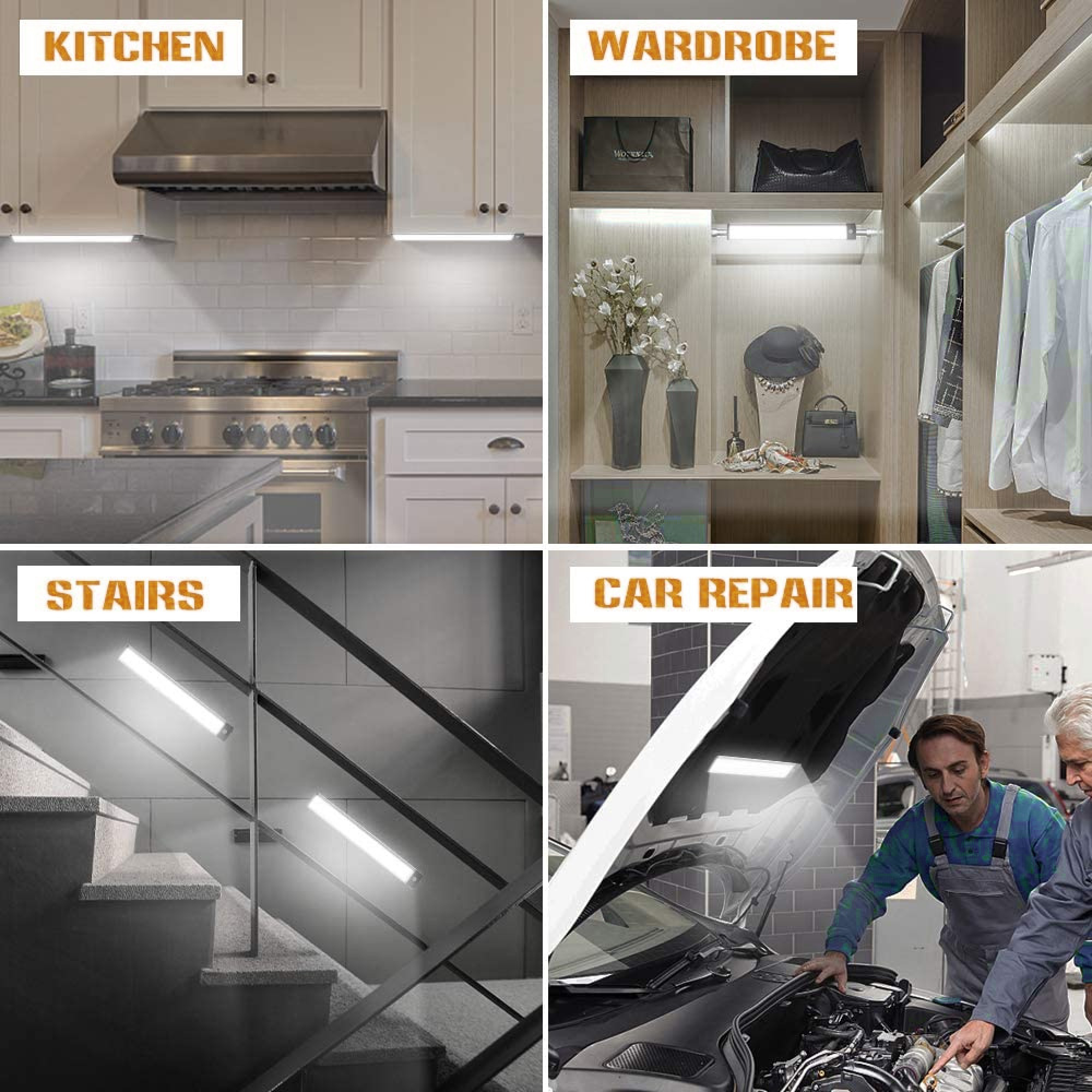 Vier Szenen: Küche, Kleiderschrank, Treppe und Autoreparatur mit Lichtern.