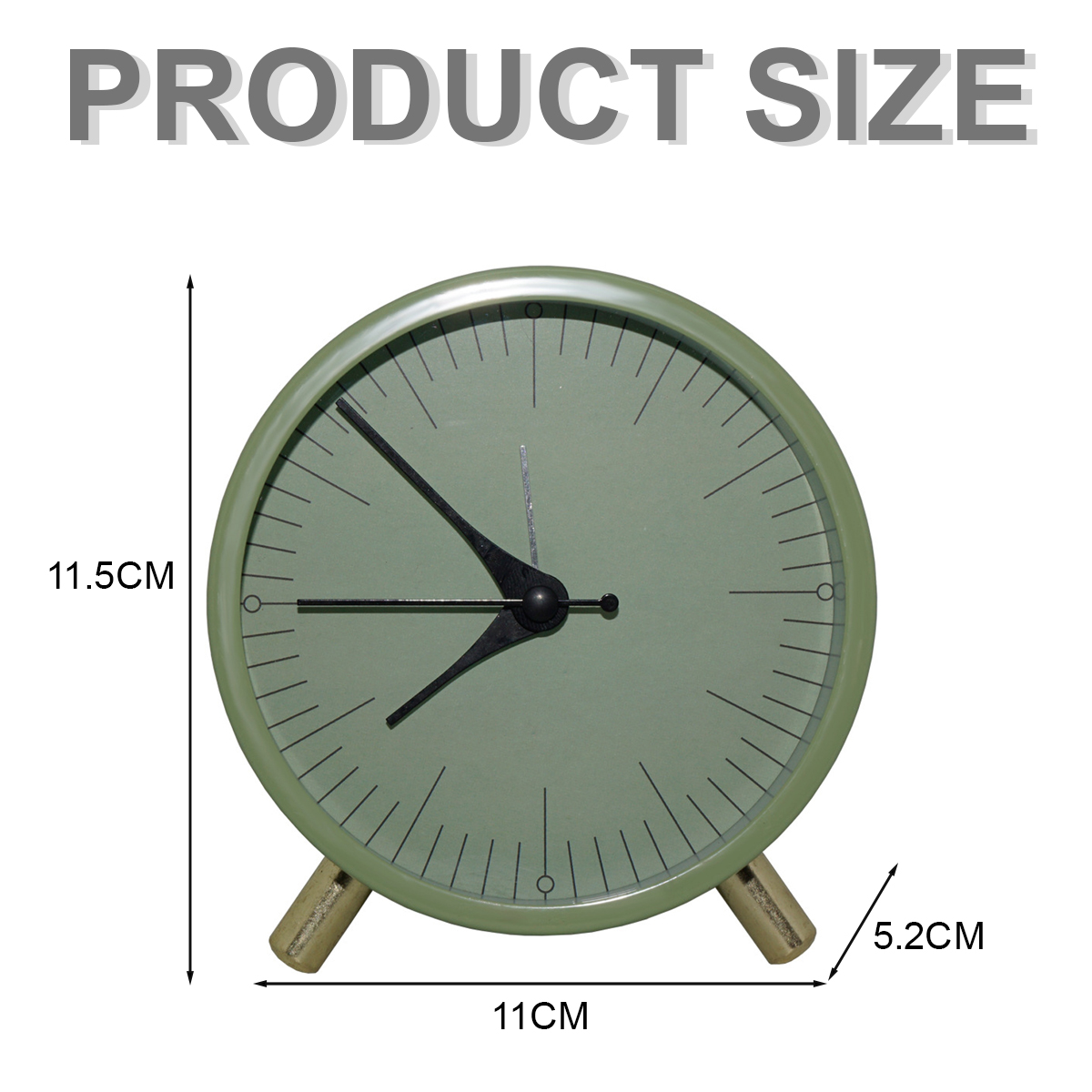 Grüne Uhr mit schwarzen Zeigern, 11,5 cm hoch, 11 cm breit.