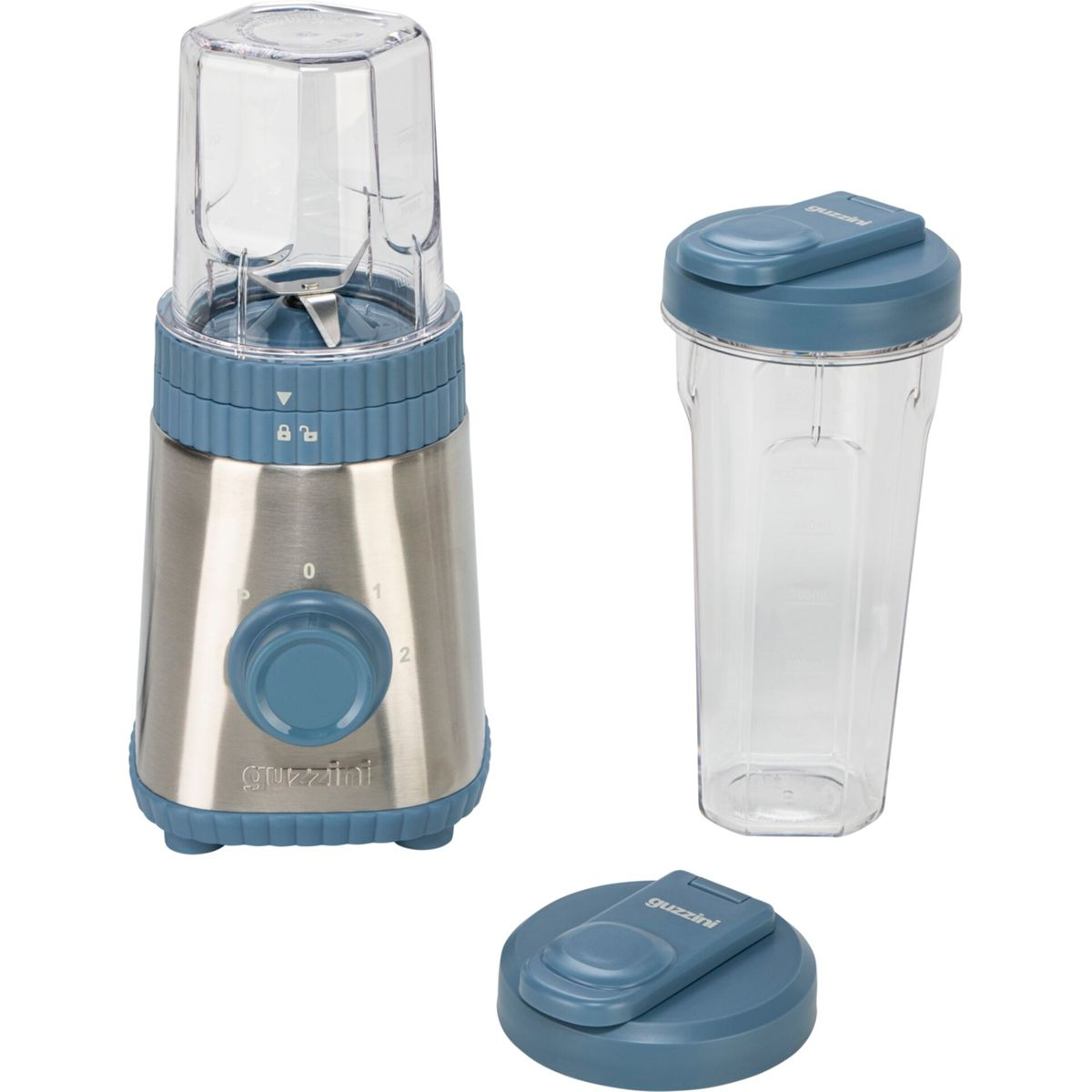 Silber-blauer Guzzini-Mixer mit zwei Bechern und Deckel auf Weiß.