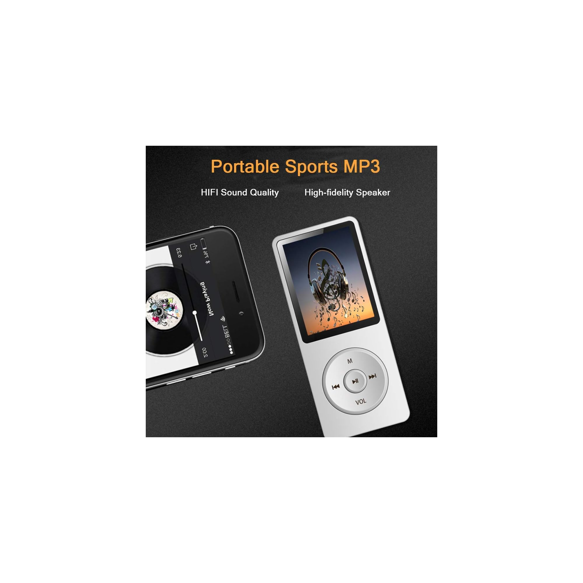 Ein silberner MP3-Player und ein Smartphone mit Musik-App auf dunklem Hintergrund.