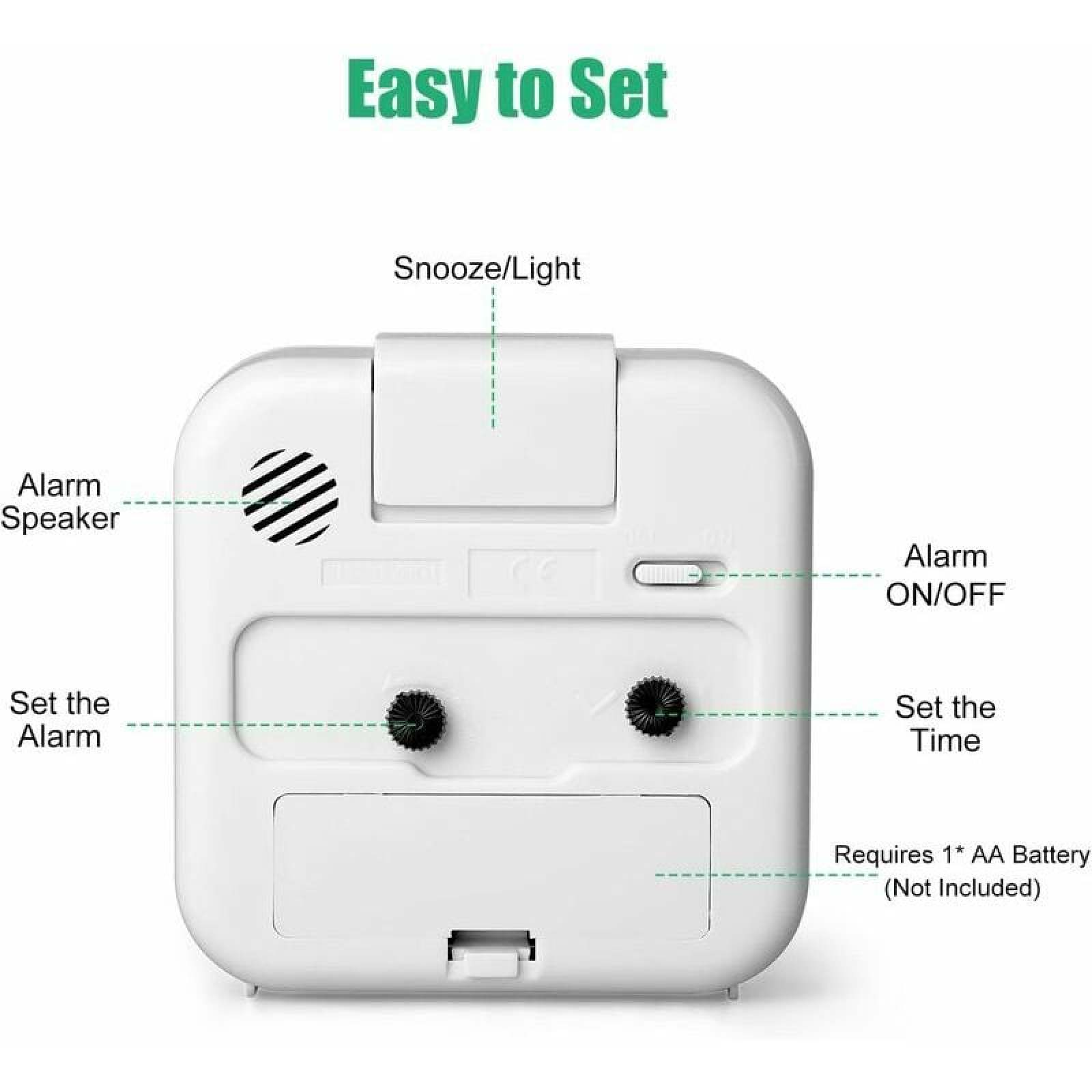 Rückseite eines weißen digitalen Weckers mit Beschriftungen für Alarm, Snooze/Licht und Batterie.