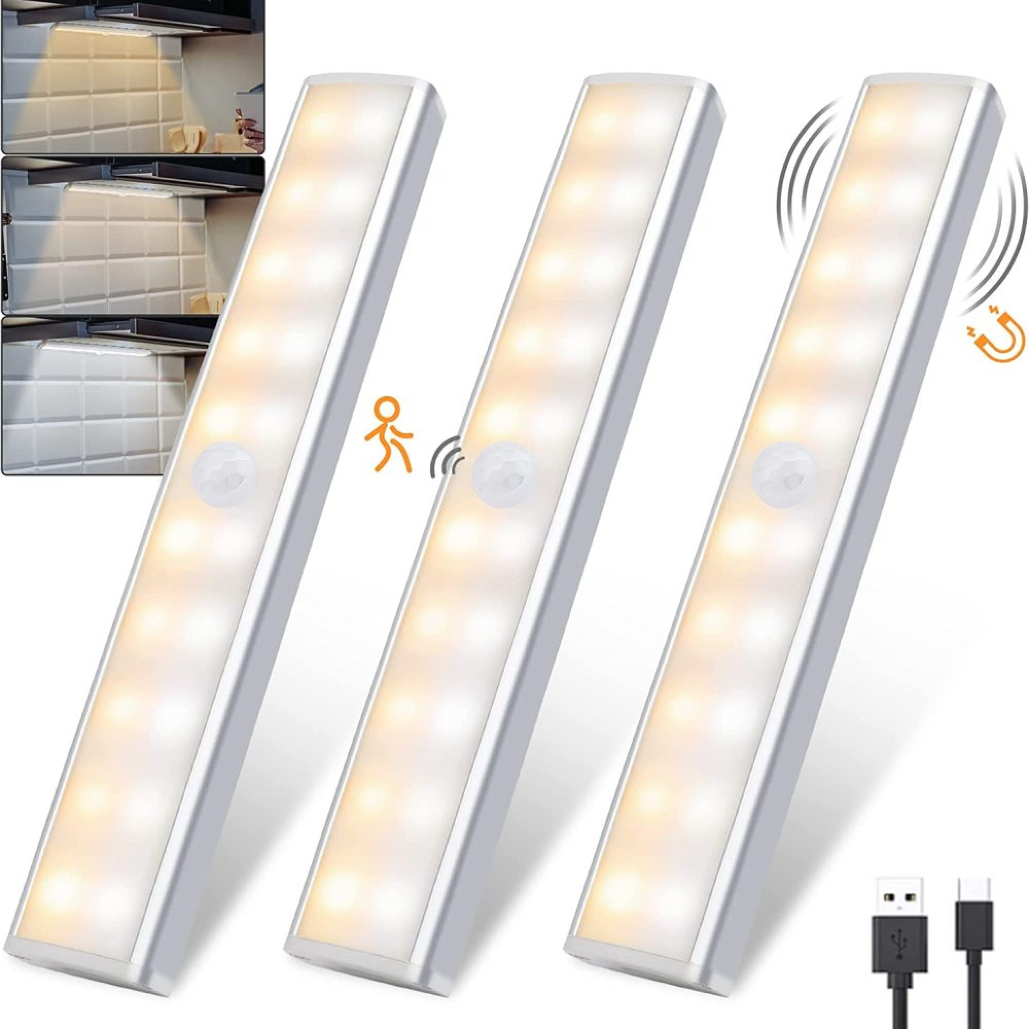 Drei weiße LED-Leisten mit Bewegungssensoren und USB-C-Kabel.