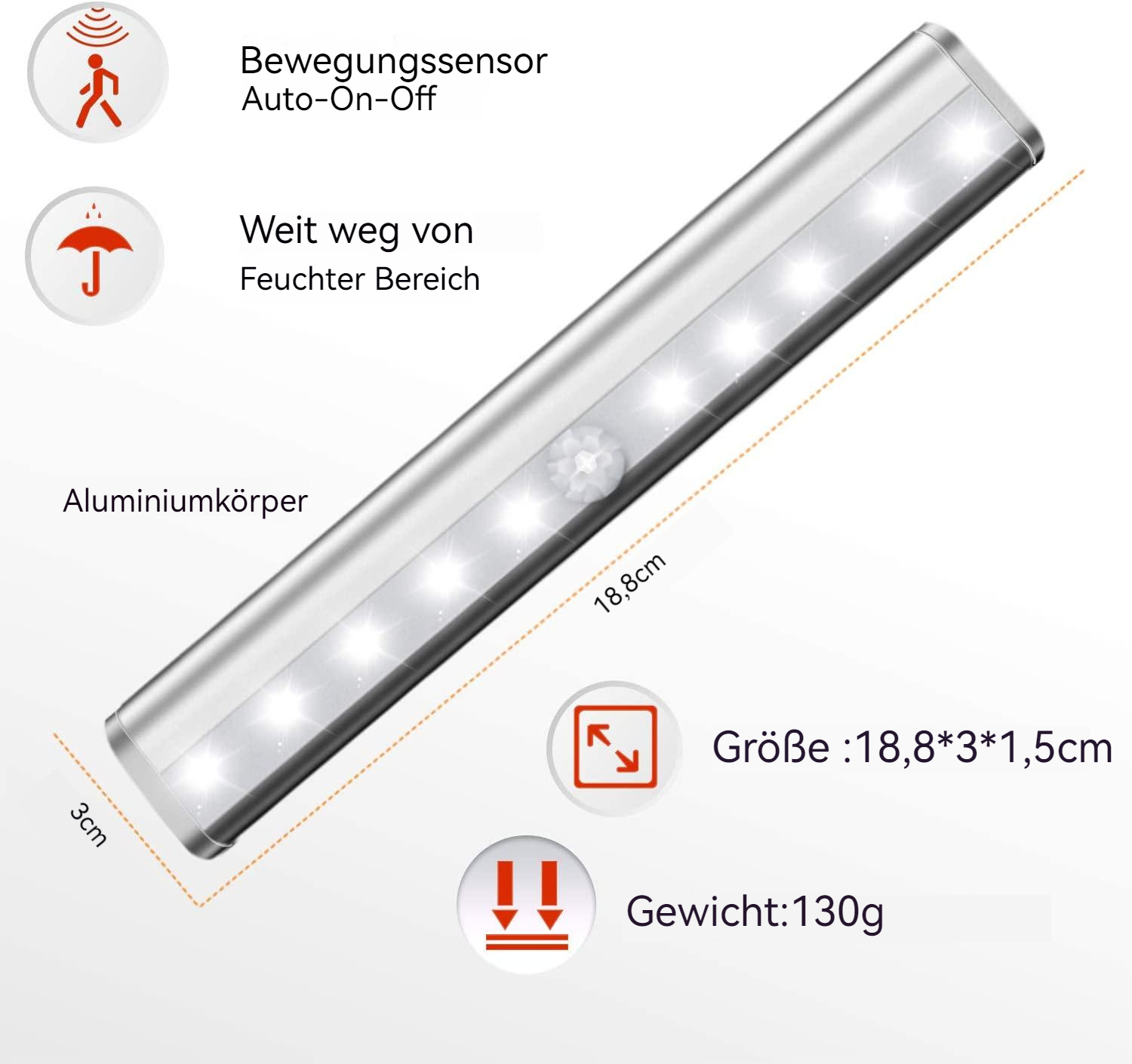 Silberner LED-Streifen mit Bewegungssensor, 18,8x3x1,5cm, 130g.