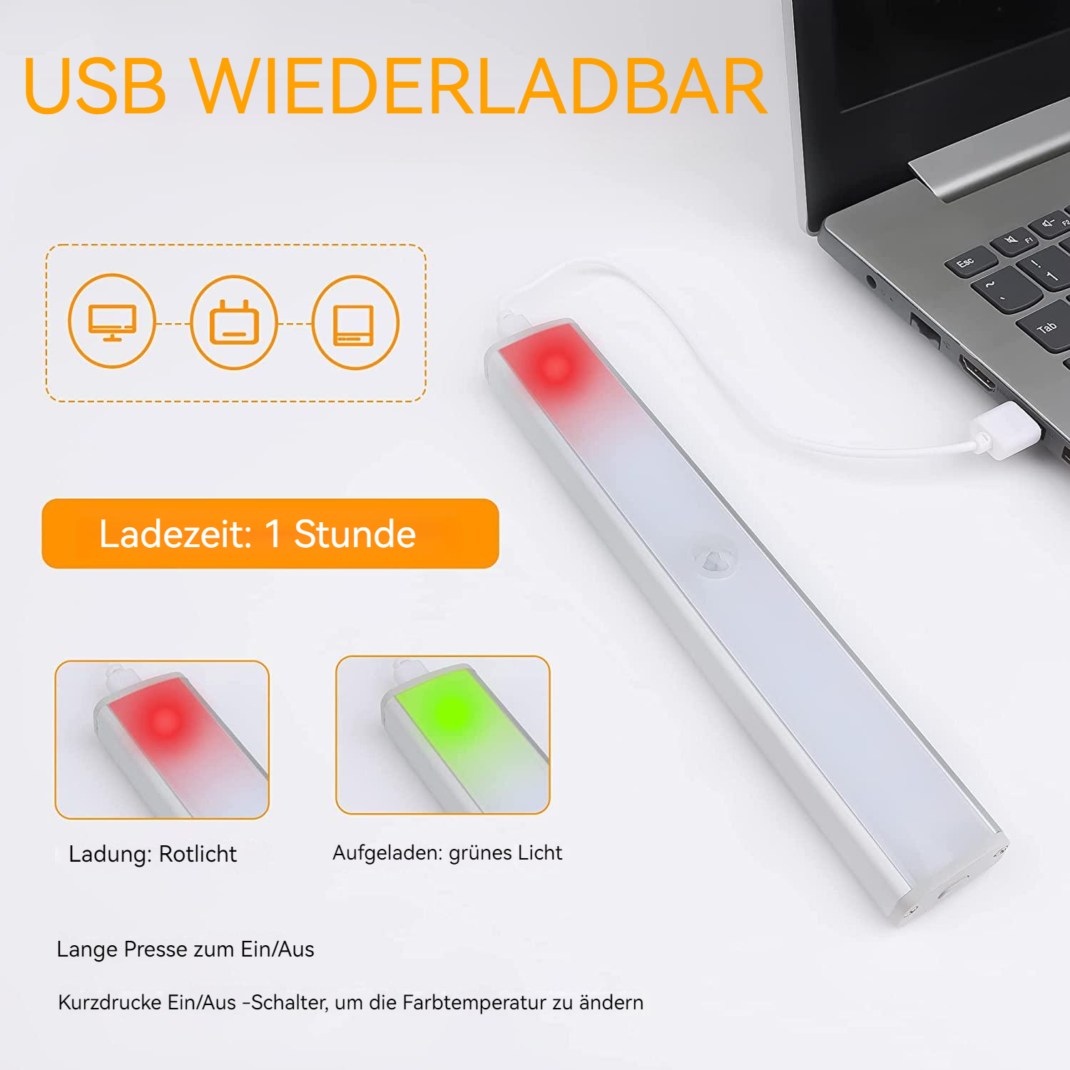 Wiederaufladbare USB-Leiste mit Ladeanzeige: Rot beim Laden, grün bei Vollladung.